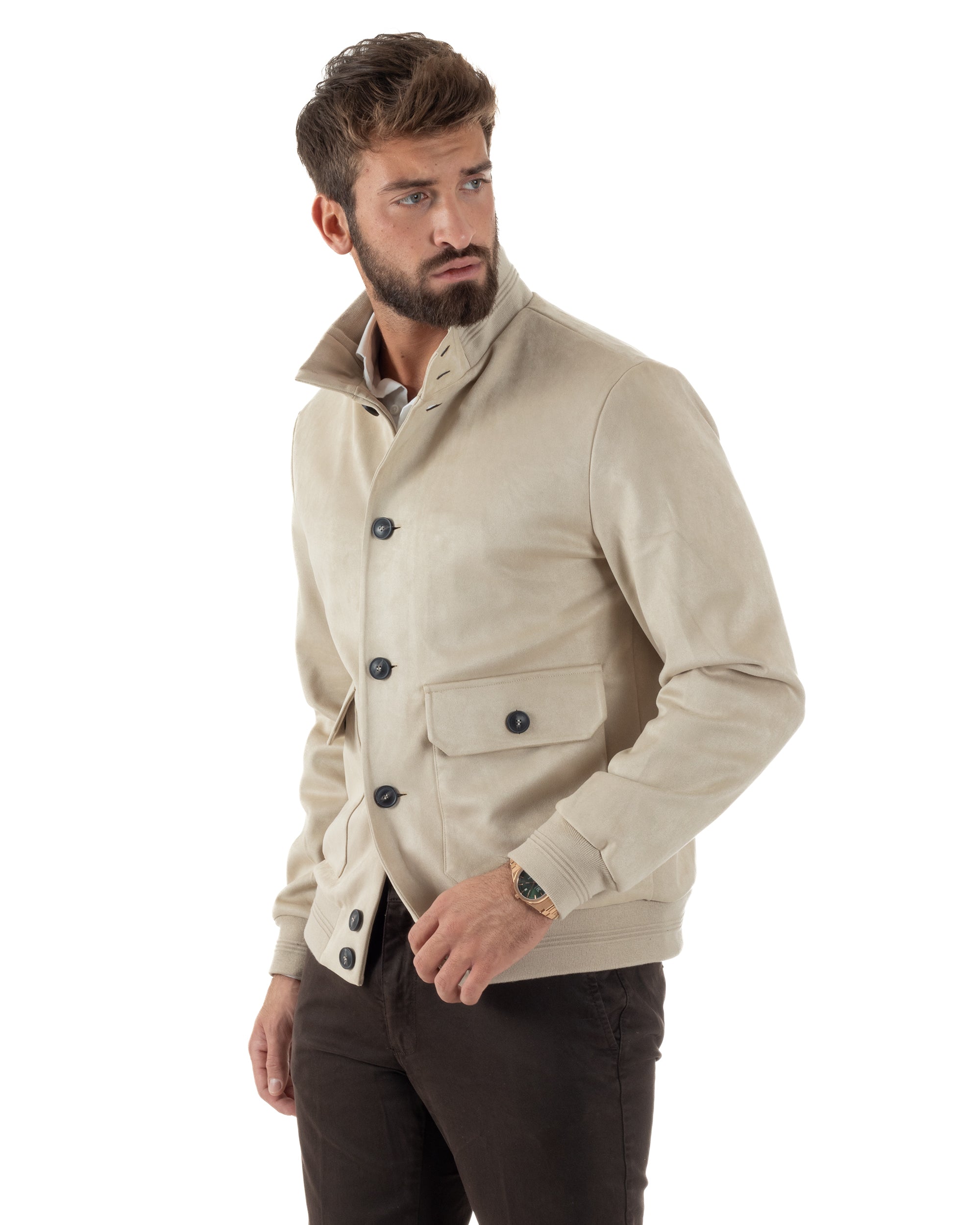 Giubbotto Uomo College Camoscio Giacca Con Bottoni Beige G3372A