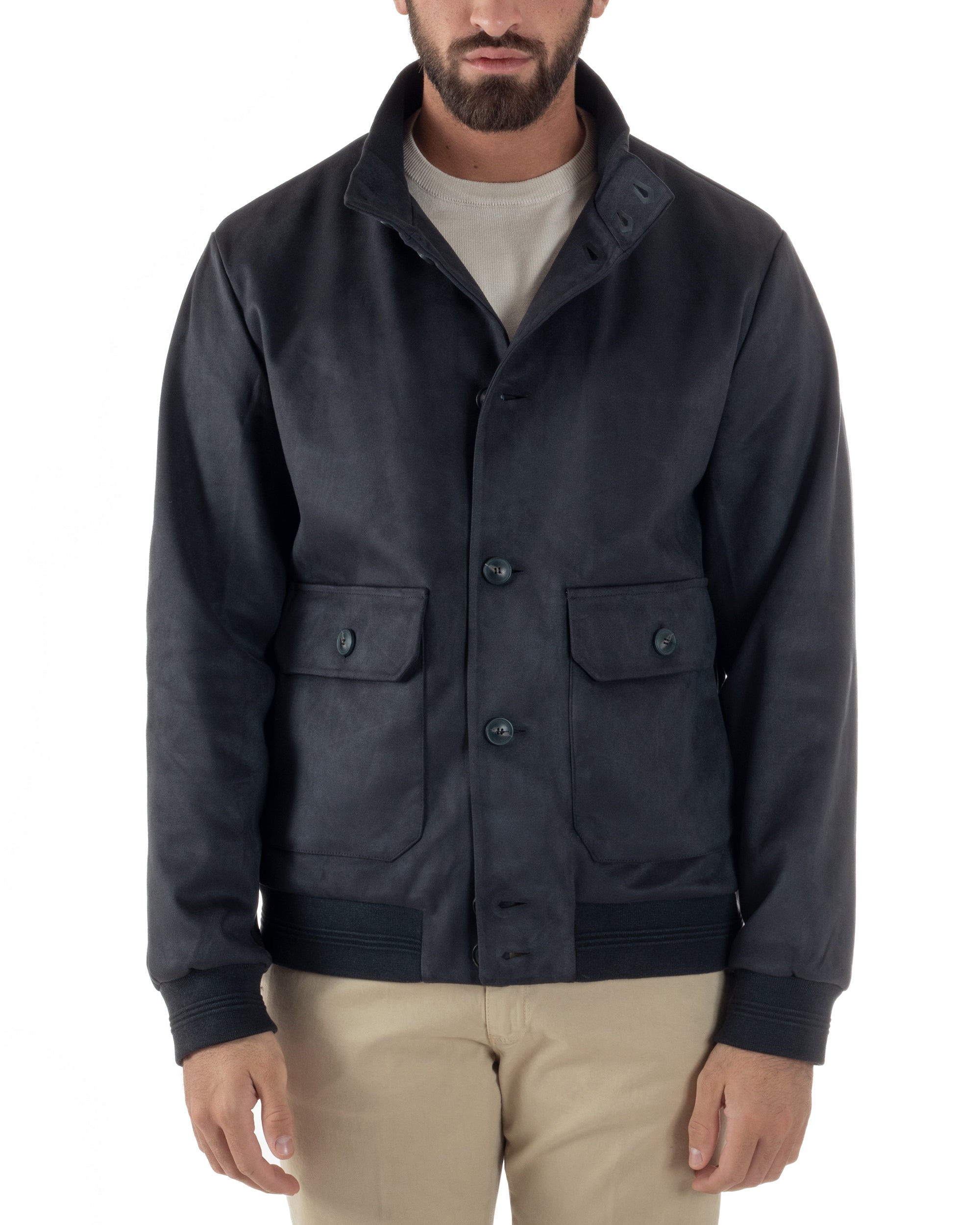 Giubbotto Uomo College Camoscio Giacca Con Bottoni Blu G3373A