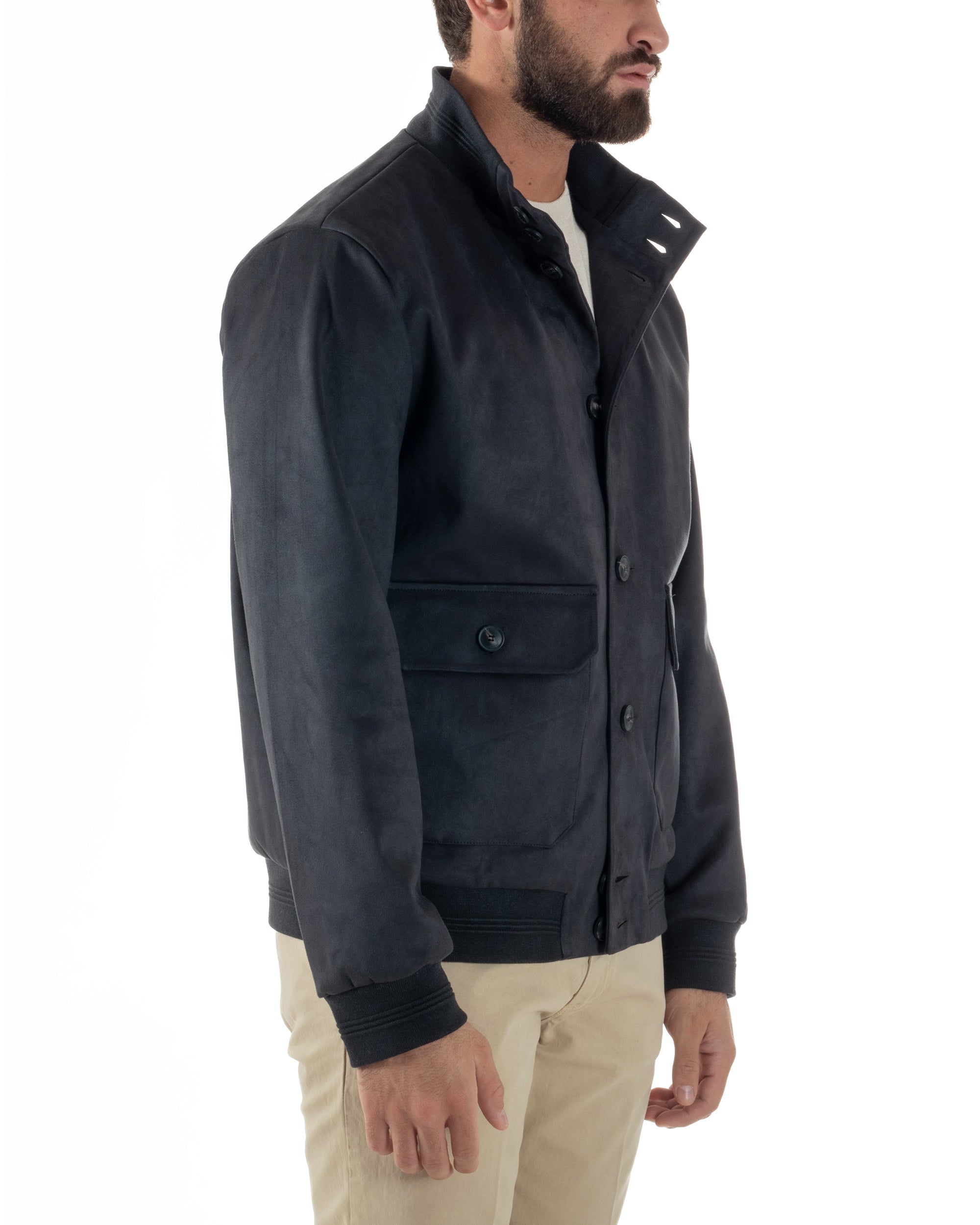 Giubbotto Uomo College Camoscio Giacca Con Bottoni Blu G3373A