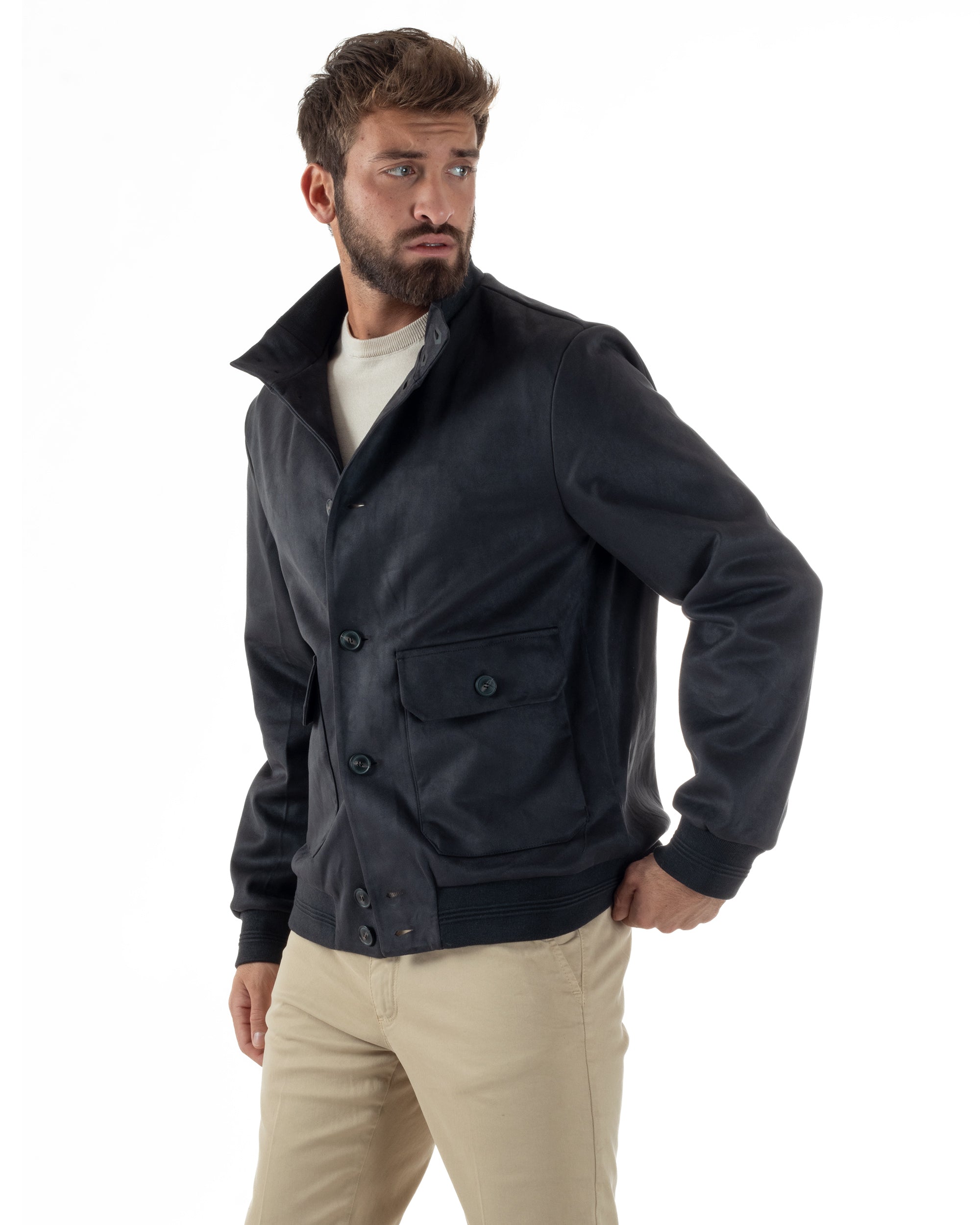 Giubbotto Uomo College Camoscio Giacca Con Bottoni Blu G3373A