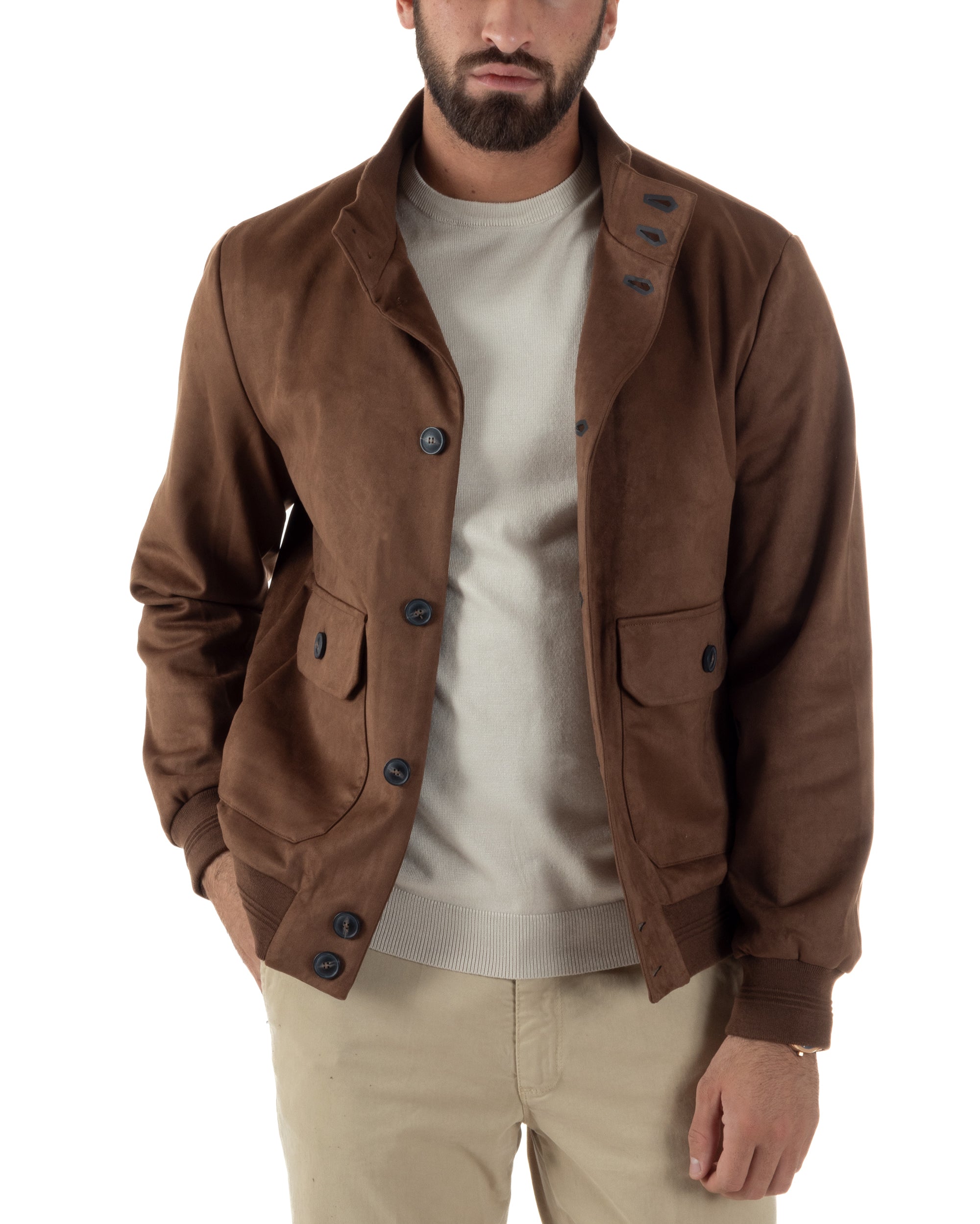 Giubbotto Uomo College Camoscio Giacca Con Bottoni Marrone G3374A