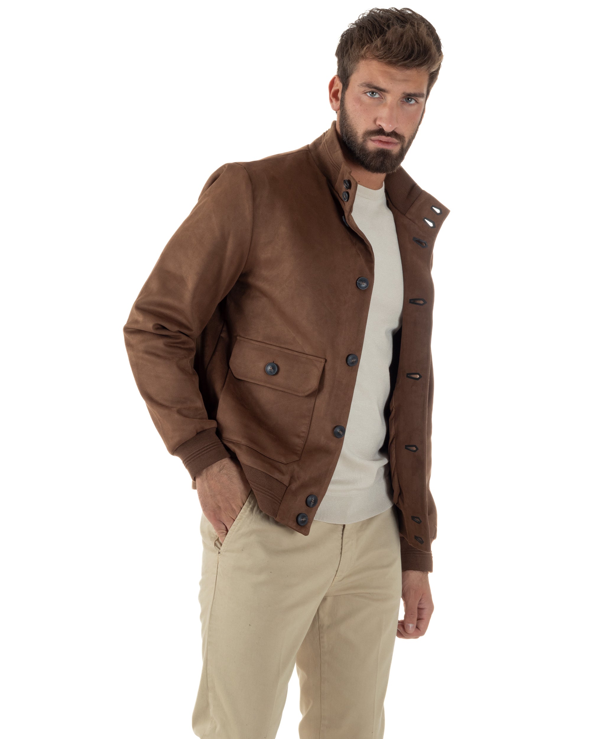 Giubbotto Uomo College Camoscio Giacca Con Bottoni Marrone G3374A