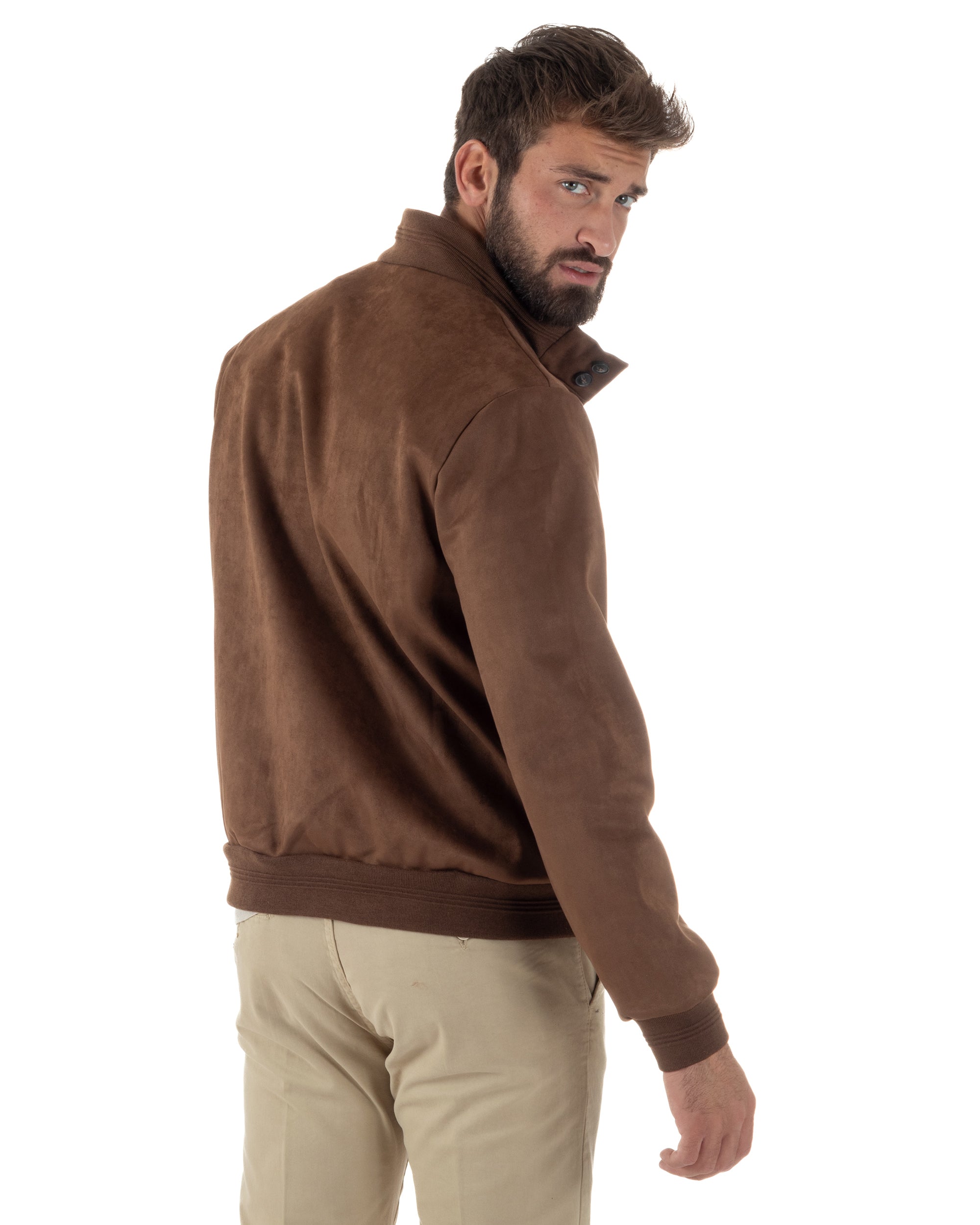 Giubbotto Uomo College Camoscio Giacca Con Bottoni Marrone G3374A