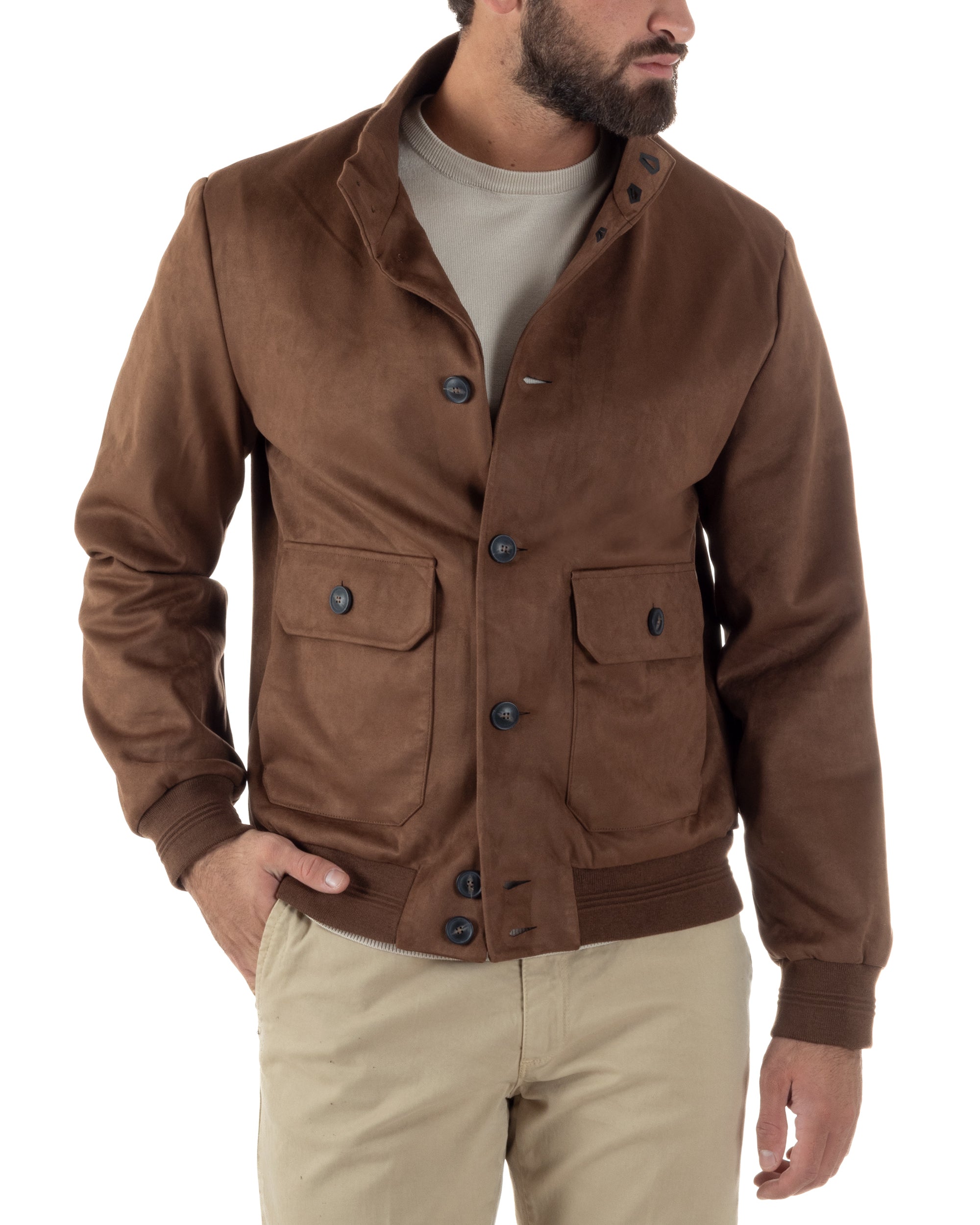 Giubbotto Uomo College Camoscio Giacca Con Bottoni Marrone G3374A