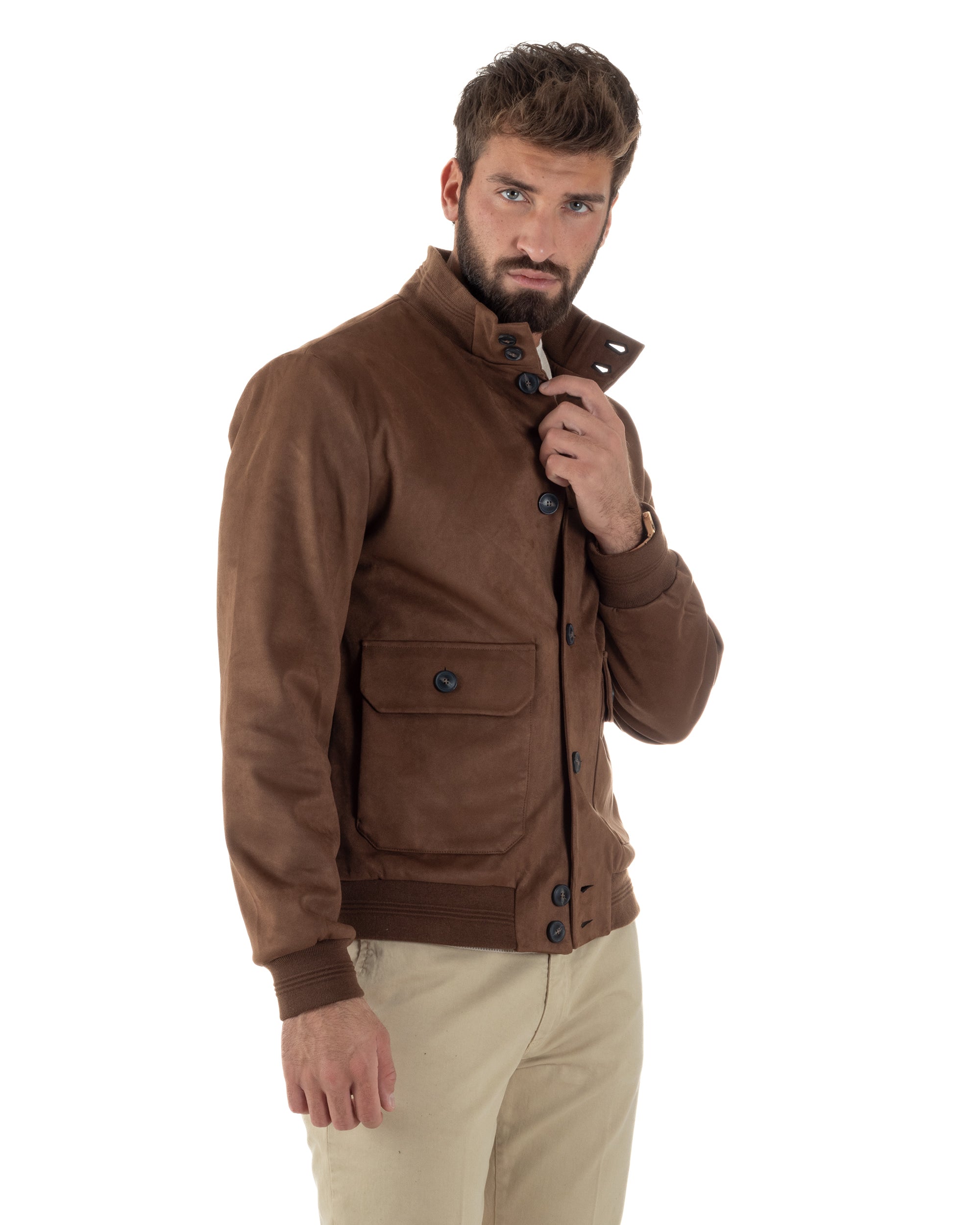 Giubbotto Uomo College Camoscio Giacca Con Bottoni Marrone G3374A