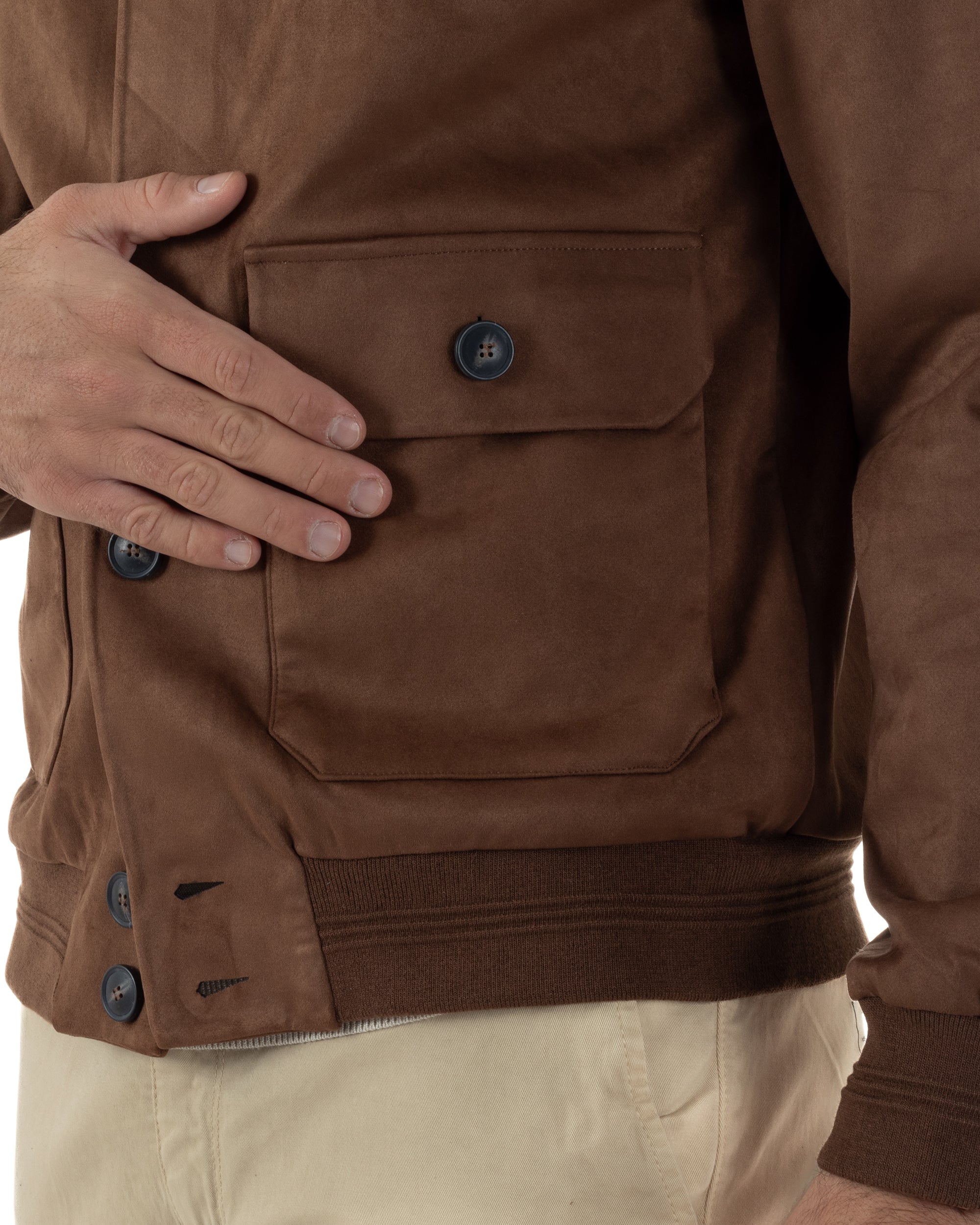 Giubbotto Uomo College Camoscio Giacca Con Bottoni Marrone G3374A