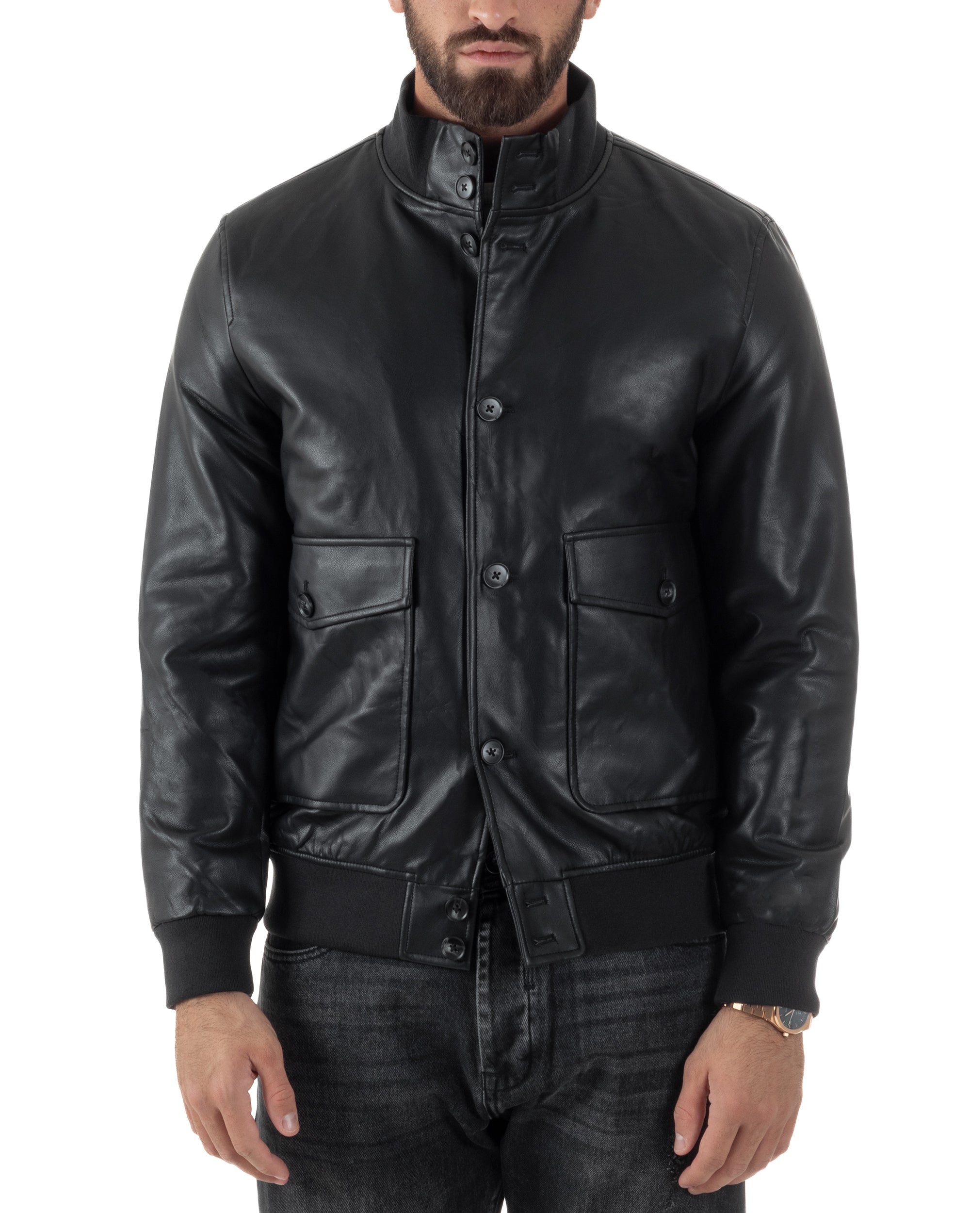 Giubbotto Uomo Bomber Ecopelle Bottoni Tinta Unita Nero G3375A