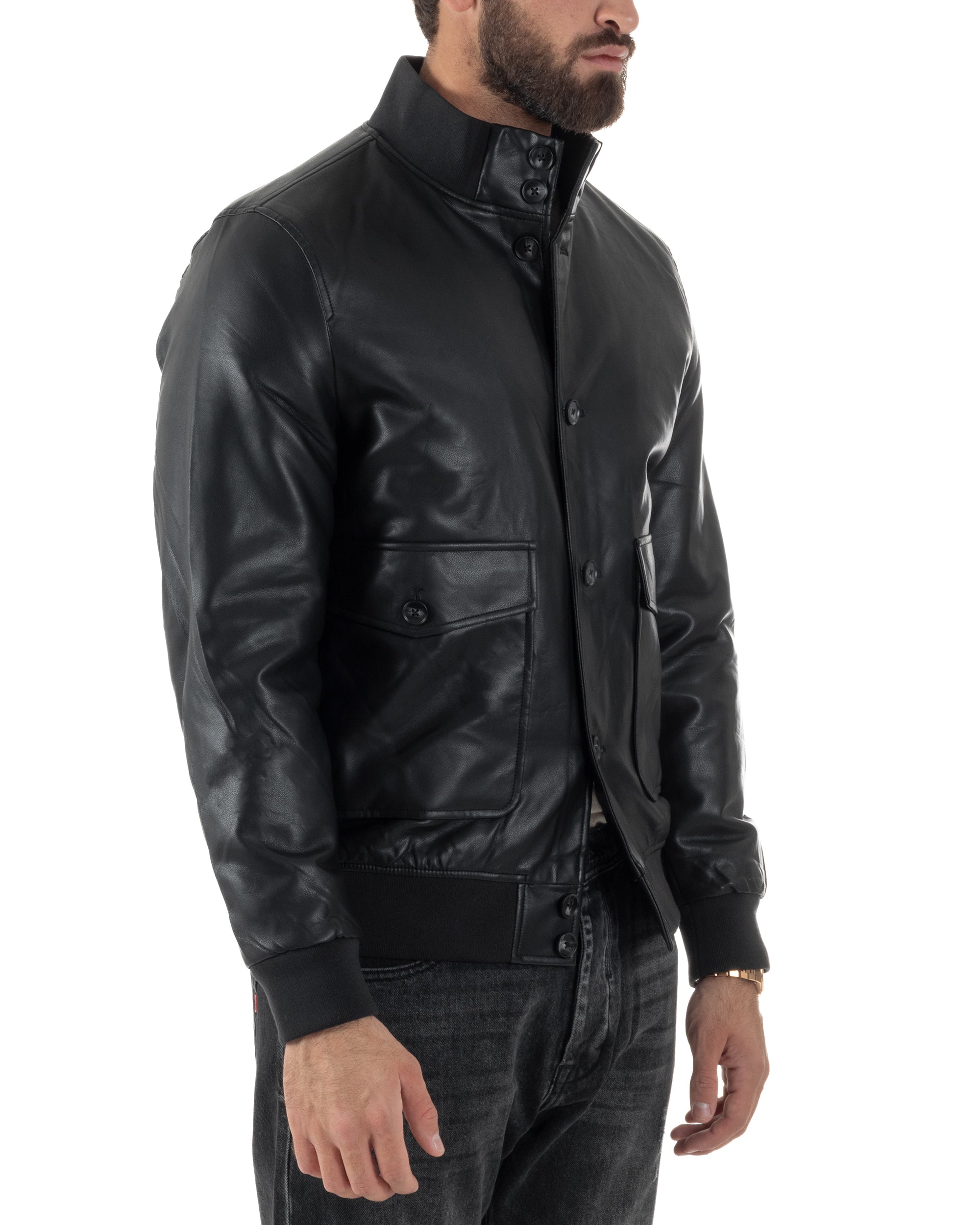 Giubbotto Uomo Bomber Ecopelle Bottoni Tinta Unita Nero G3375A