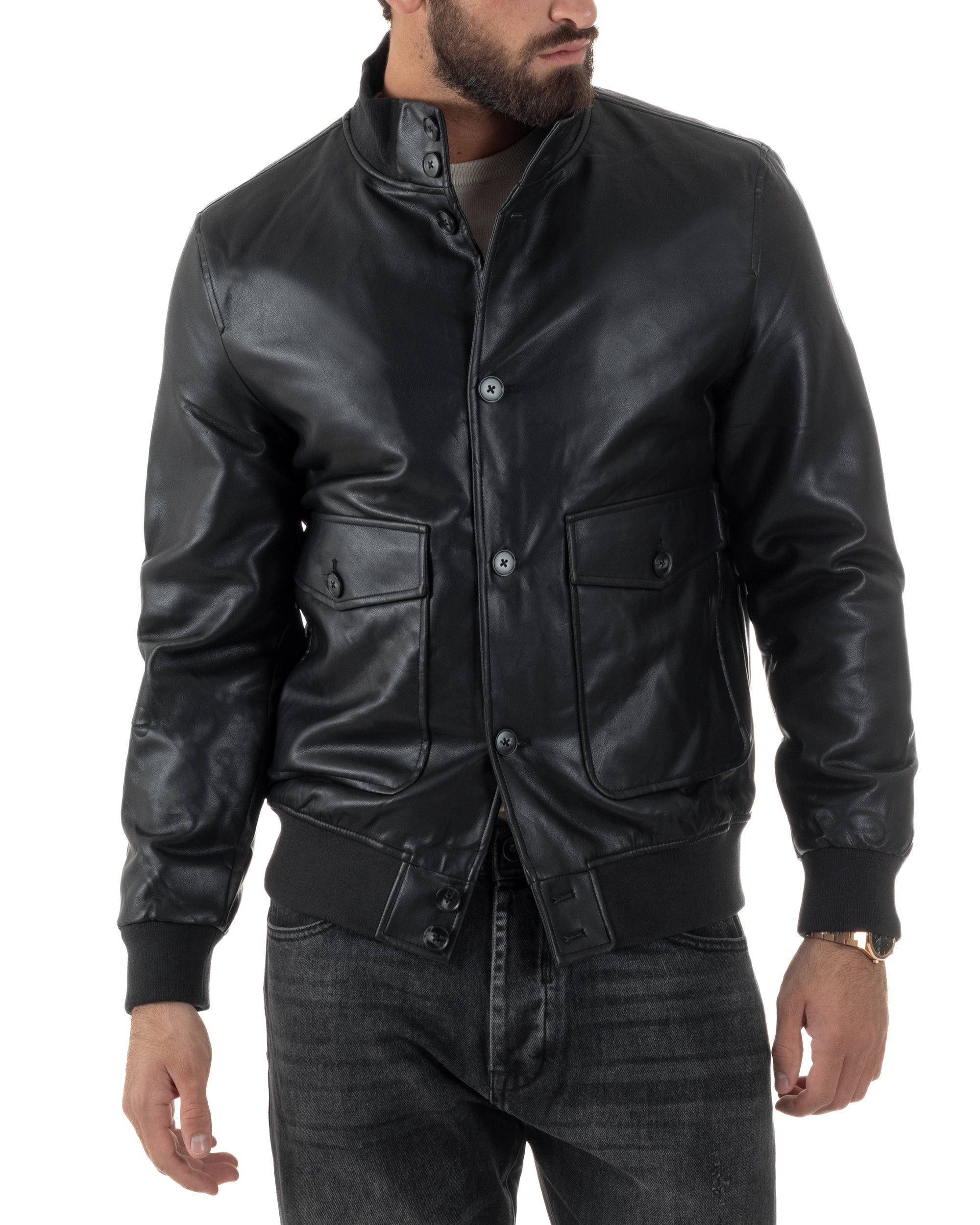 Giubbotto Uomo Bomber Ecopelle Bottoni Tinta Unita Nero G3375A