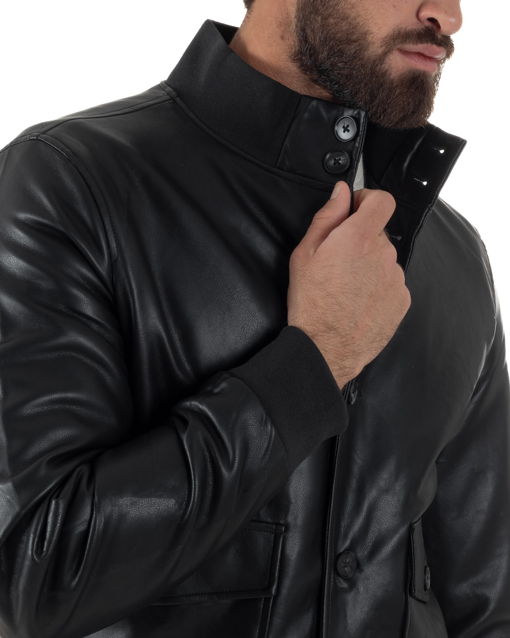 Giubbotto Uomo Bomber Ecopelle Bottoni Tinta Unita Nero G3375A