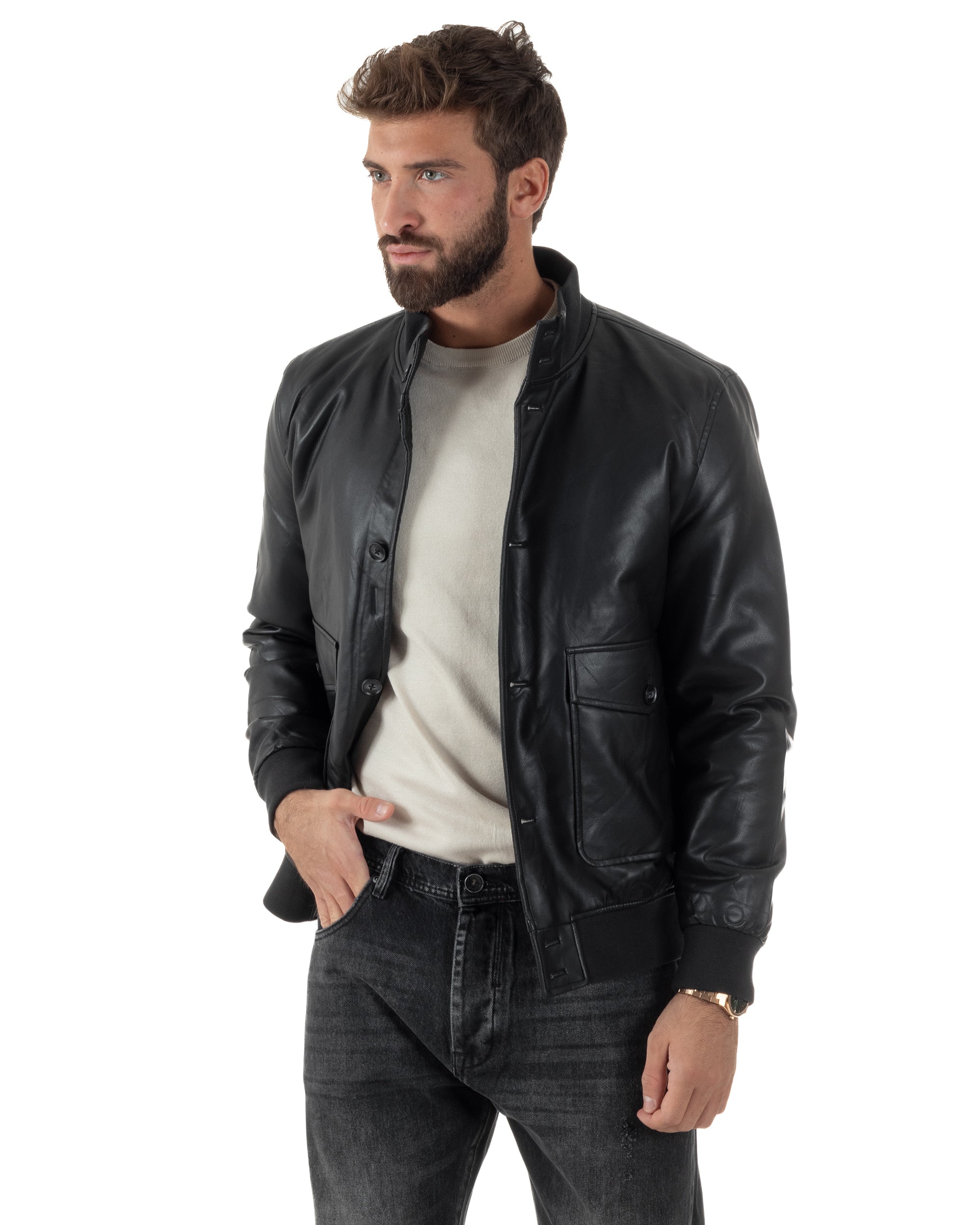 Giubbotto Uomo Bomber Ecopelle Bottoni Tinta Unita Nero G3375A