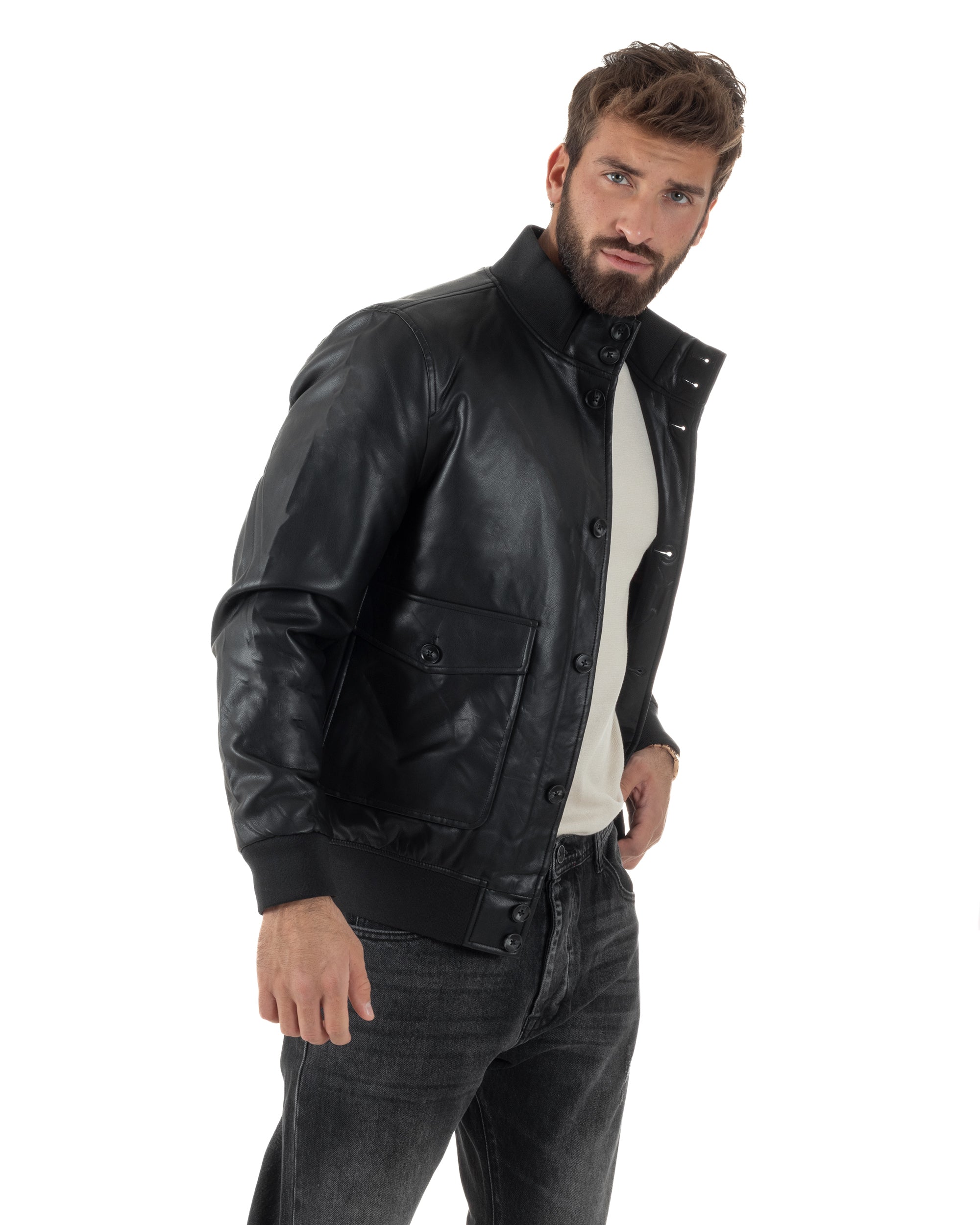 Giubbotto Uomo Bomber Ecopelle Bottoni Tinta Unita Nero G3375A