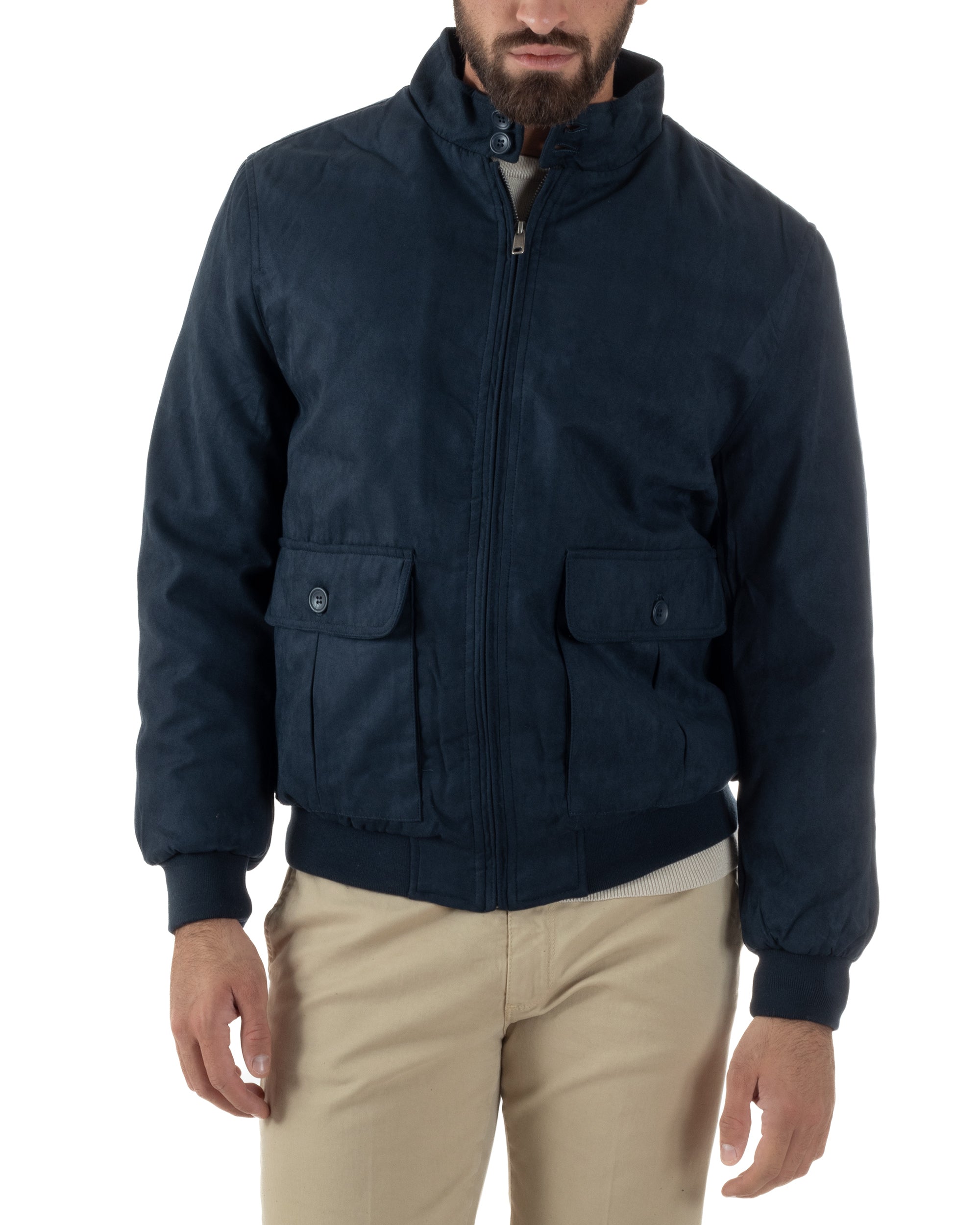 Giubbotto Uomo Bomber Camoscio Morbido Zip Tasconi Blu G3376A