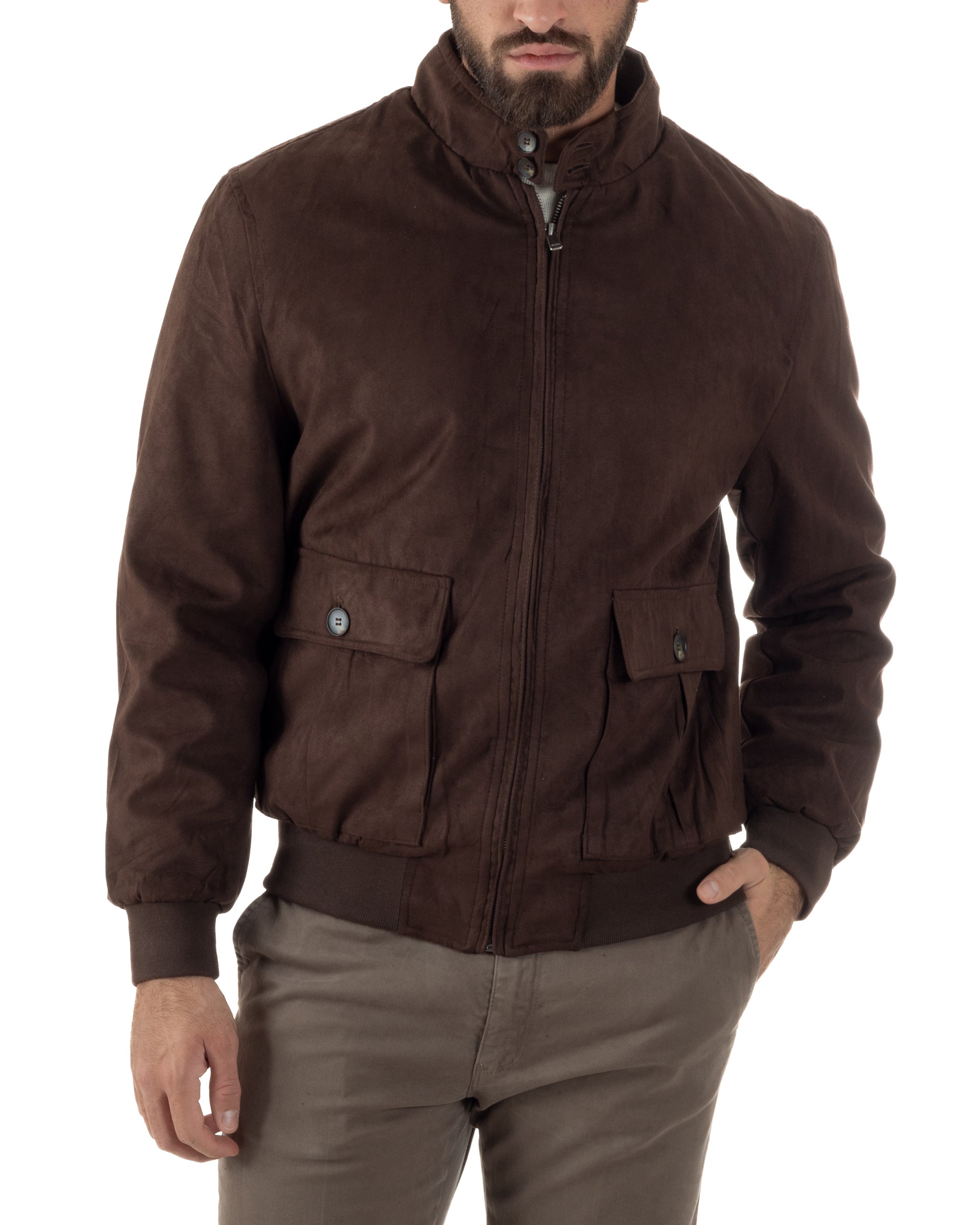 Giubbotto Uomo Bomber Camoscio Morbido Zip Tasconi Marrone G3377A