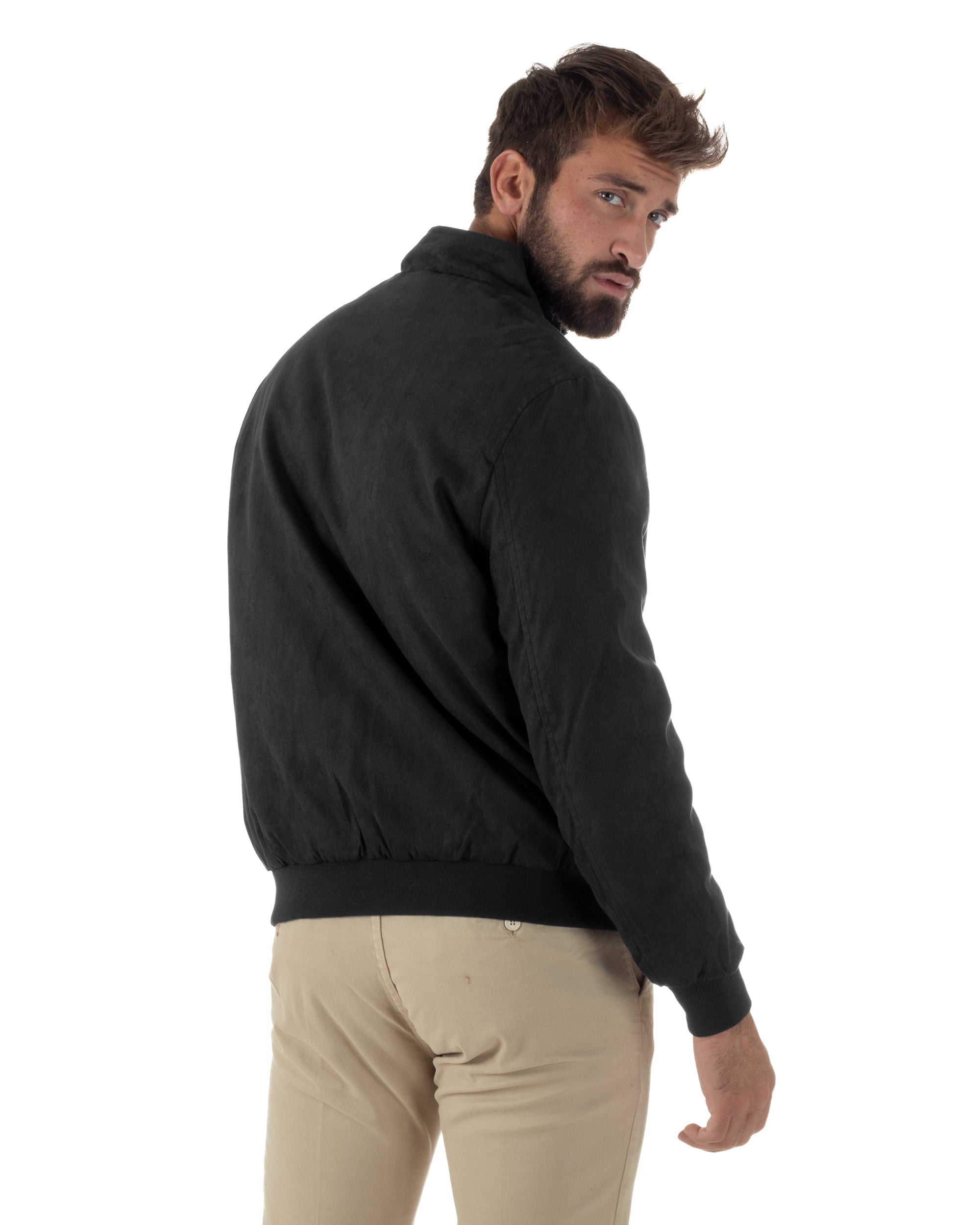 Giubbotto Uomo Bomber Camoscio Morbido Zip Tasconi Nero G3378A
