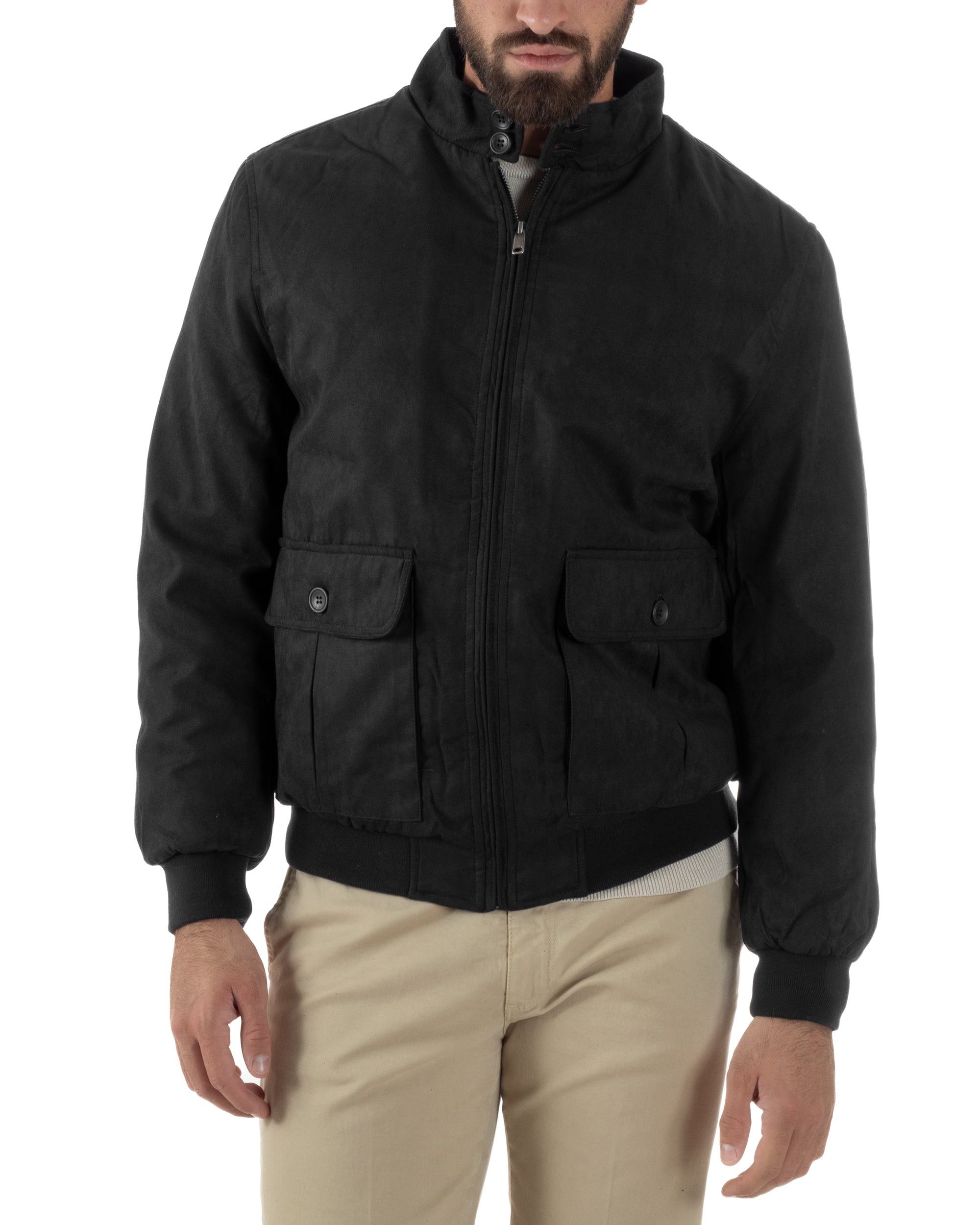 Giubbotto Uomo Bomber Camoscio Morbido Zip Tasconi Nero G3378A