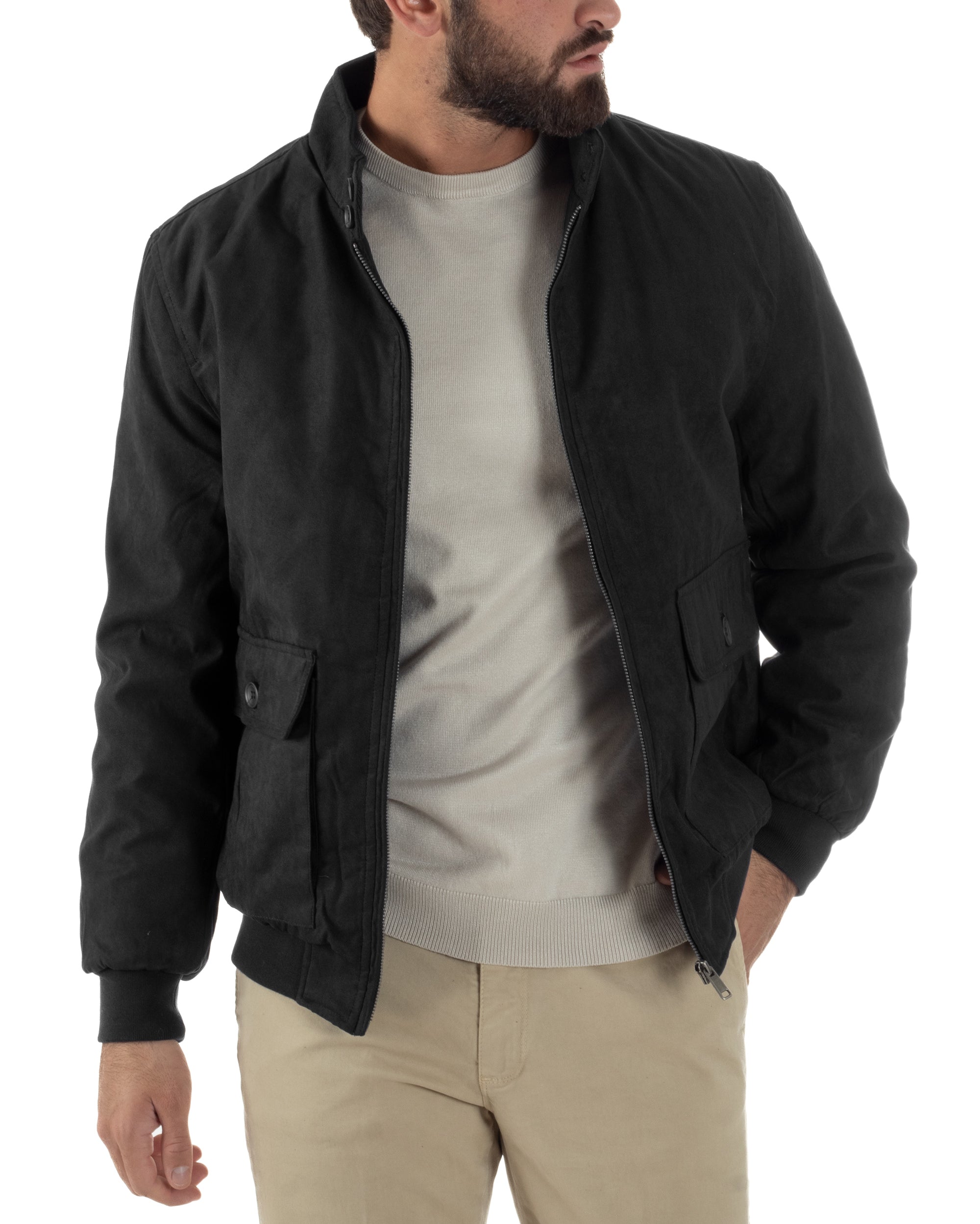 Giubbotto Uomo Bomber Camoscio Morbido Zip Tasconi Nero G3378A
