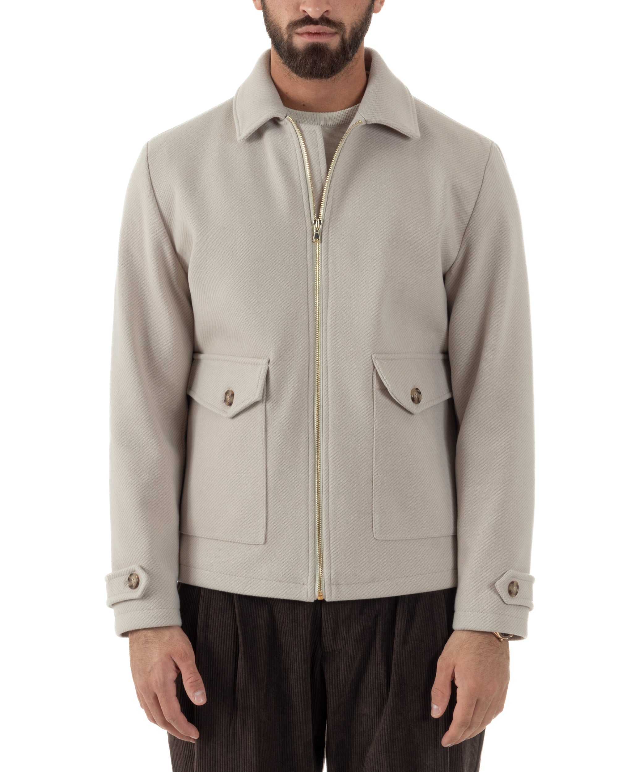 Giubbotto Uomo Giacca Bomber Panno Spigato Zip Colletto Beige BlackSunday G3379A