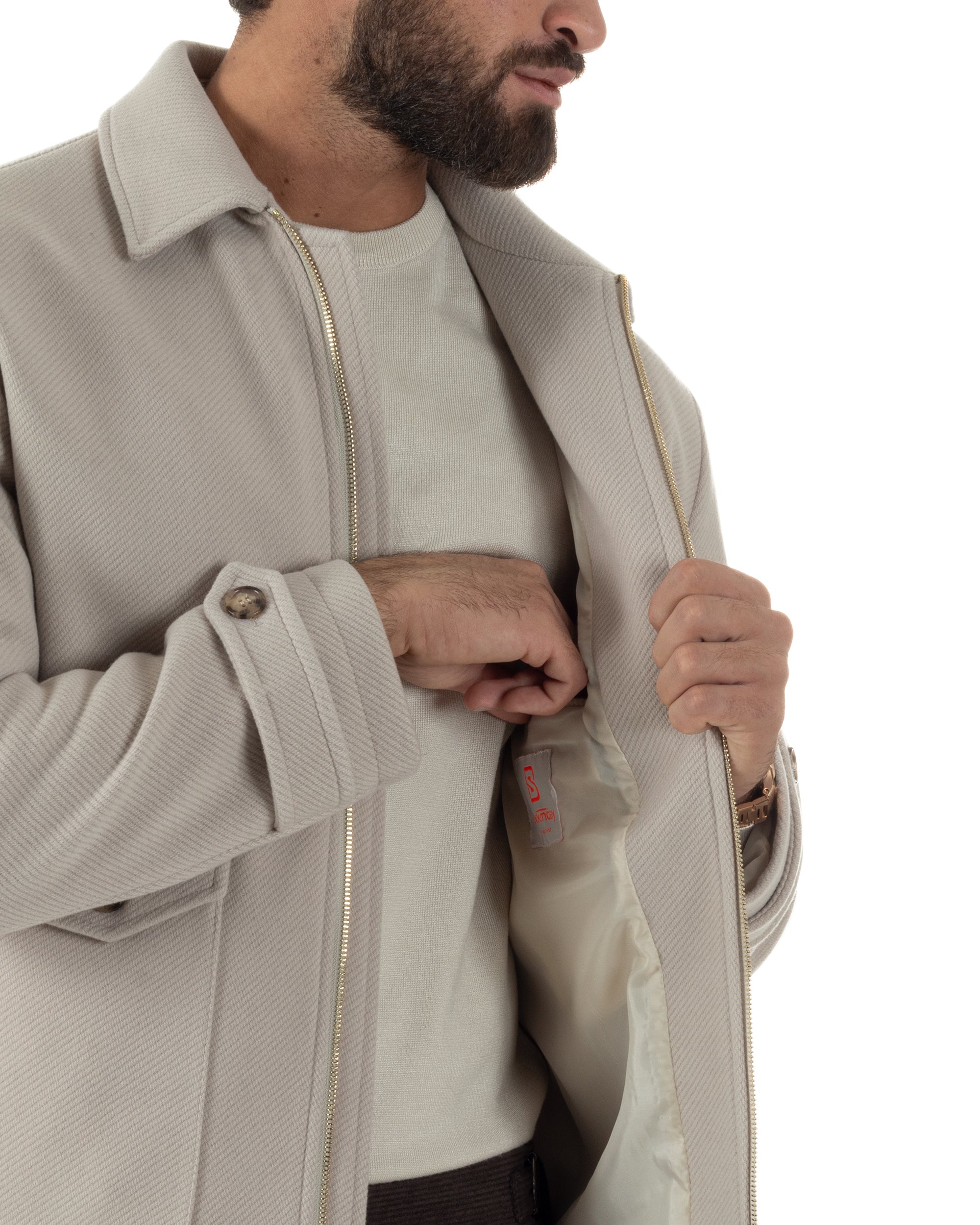 Giubbotto Uomo Giacca Bomber Panno Spigato Zip Colletto Beige BlackSunday G3379A
