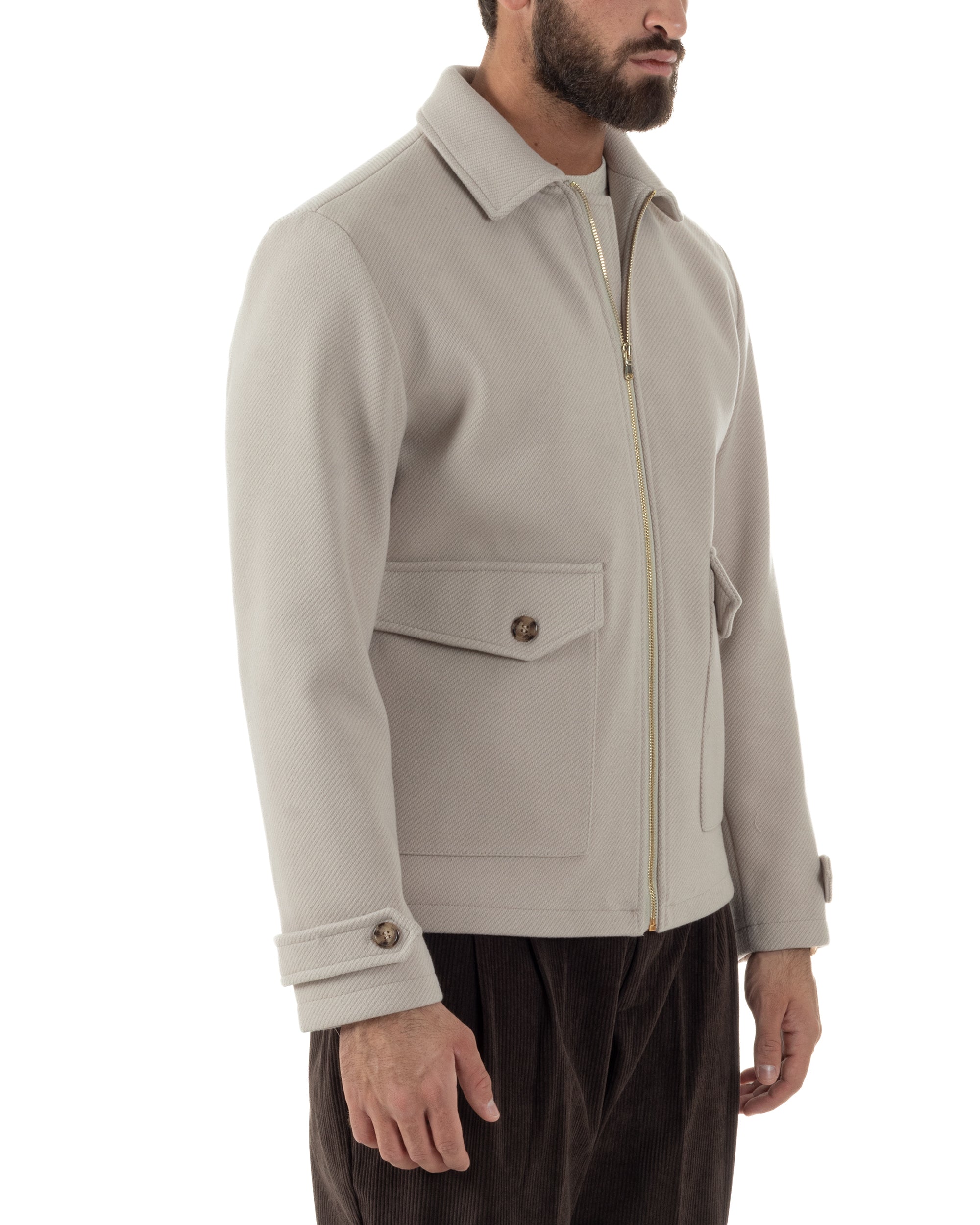 Giubbotto Uomo Giacca Bomber Panno Spigato Zip Colletto Beige BlackSunday G3379A