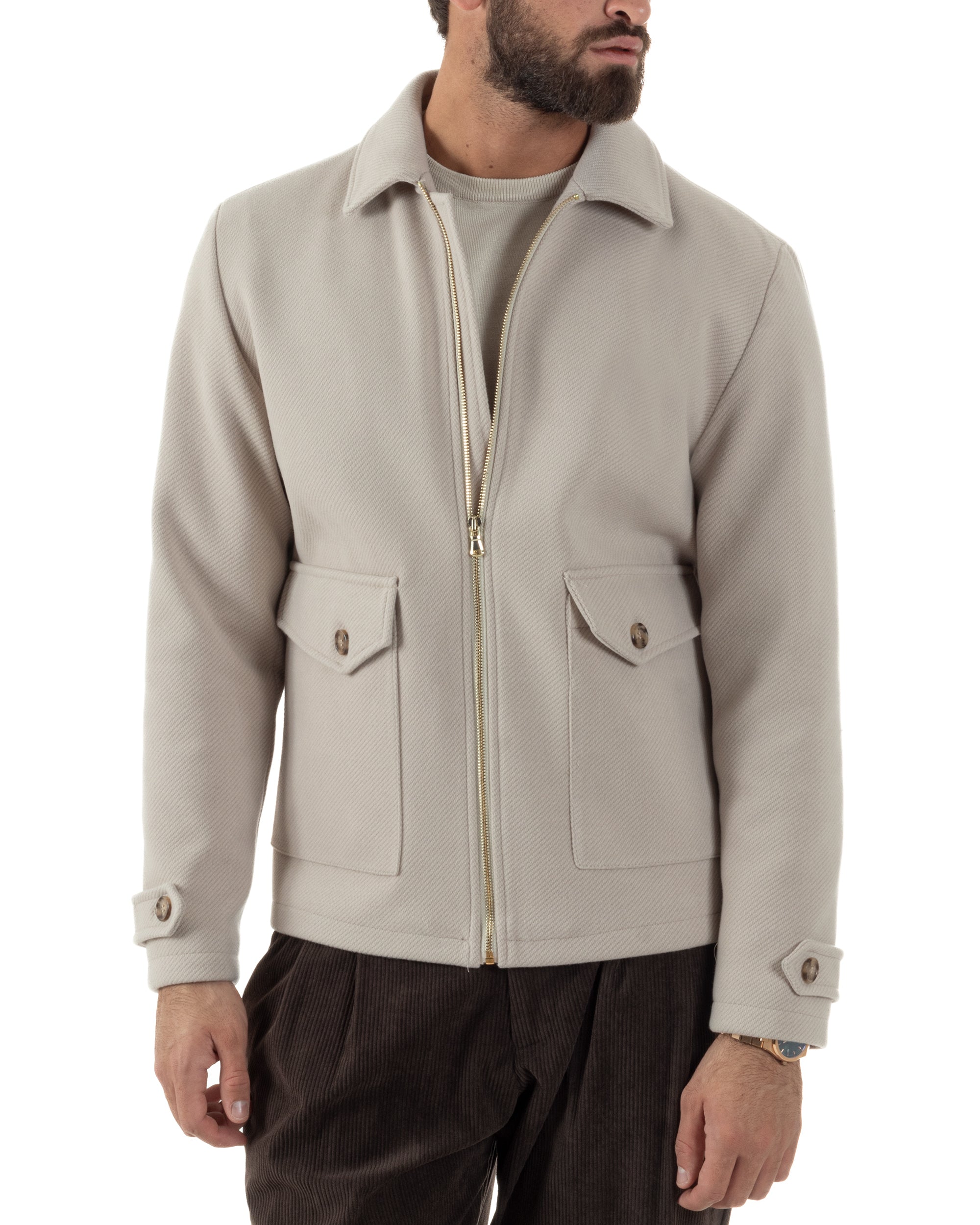 Giubbotto Uomo Giacca Bomber Panno Spigato Zip Colletto Beige BlackSunday G3379A