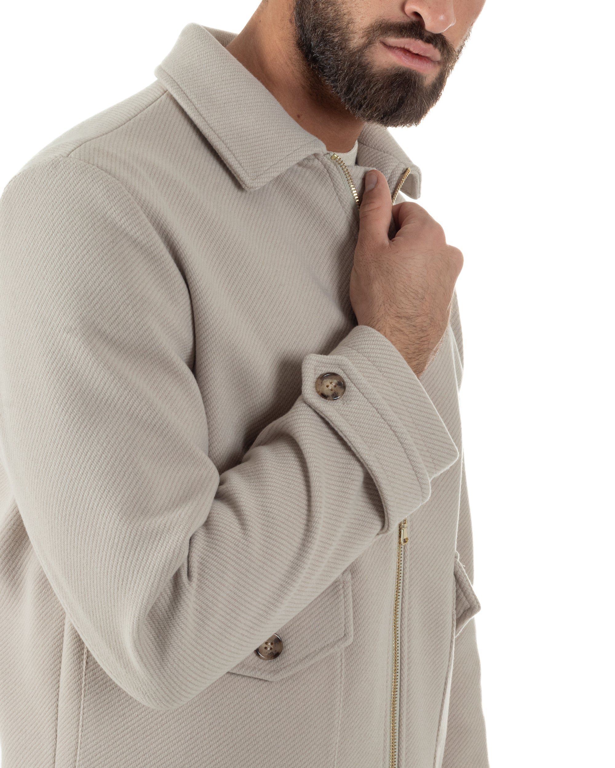 Giubbotto Uomo Giacca Bomber Panno Spigato Zip Colletto Beige BlackSunday G3379A