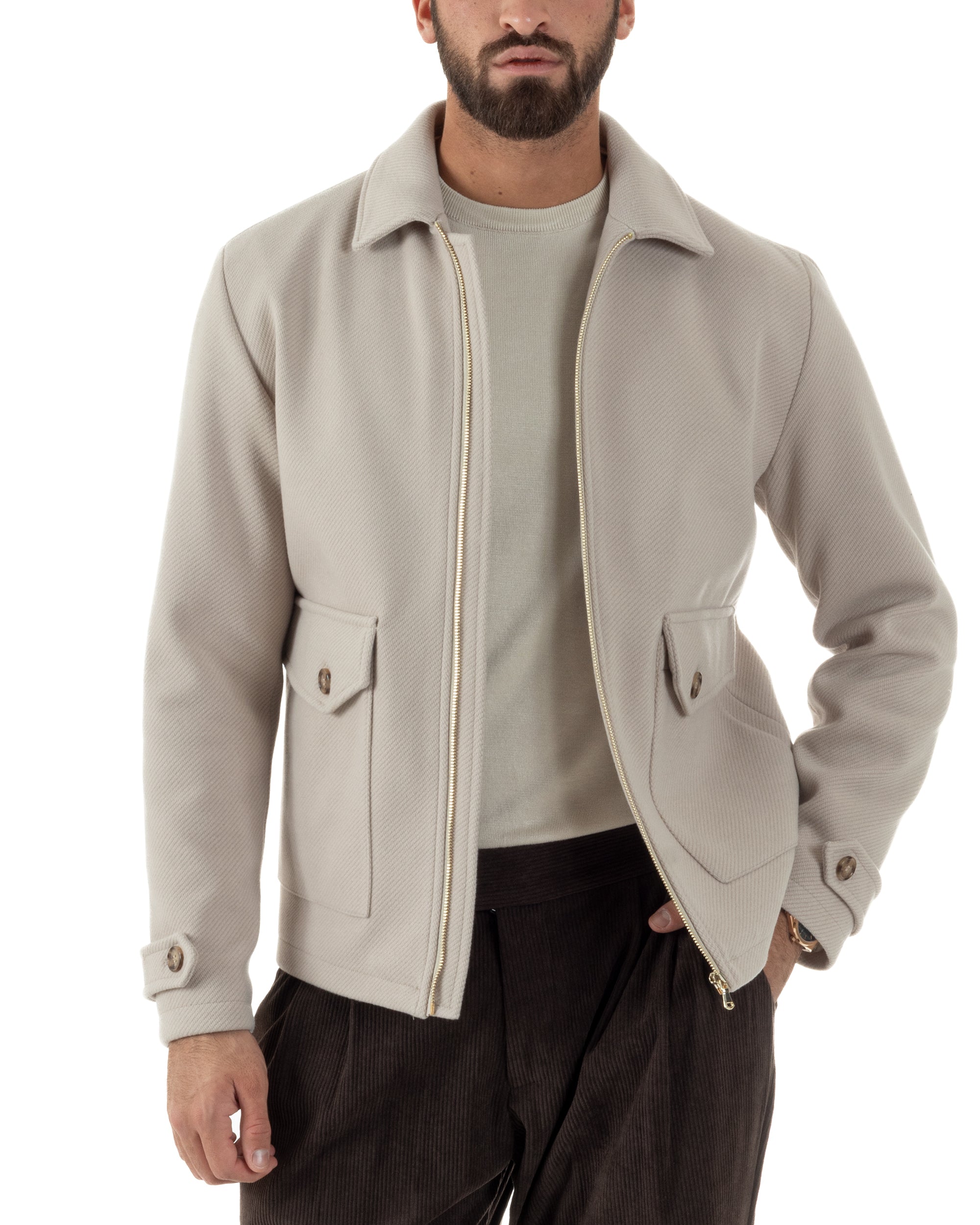 Giubbotto Uomo Giacca Bomber Panno Spigato Zip Colletto Beige BlackSunday G3379A