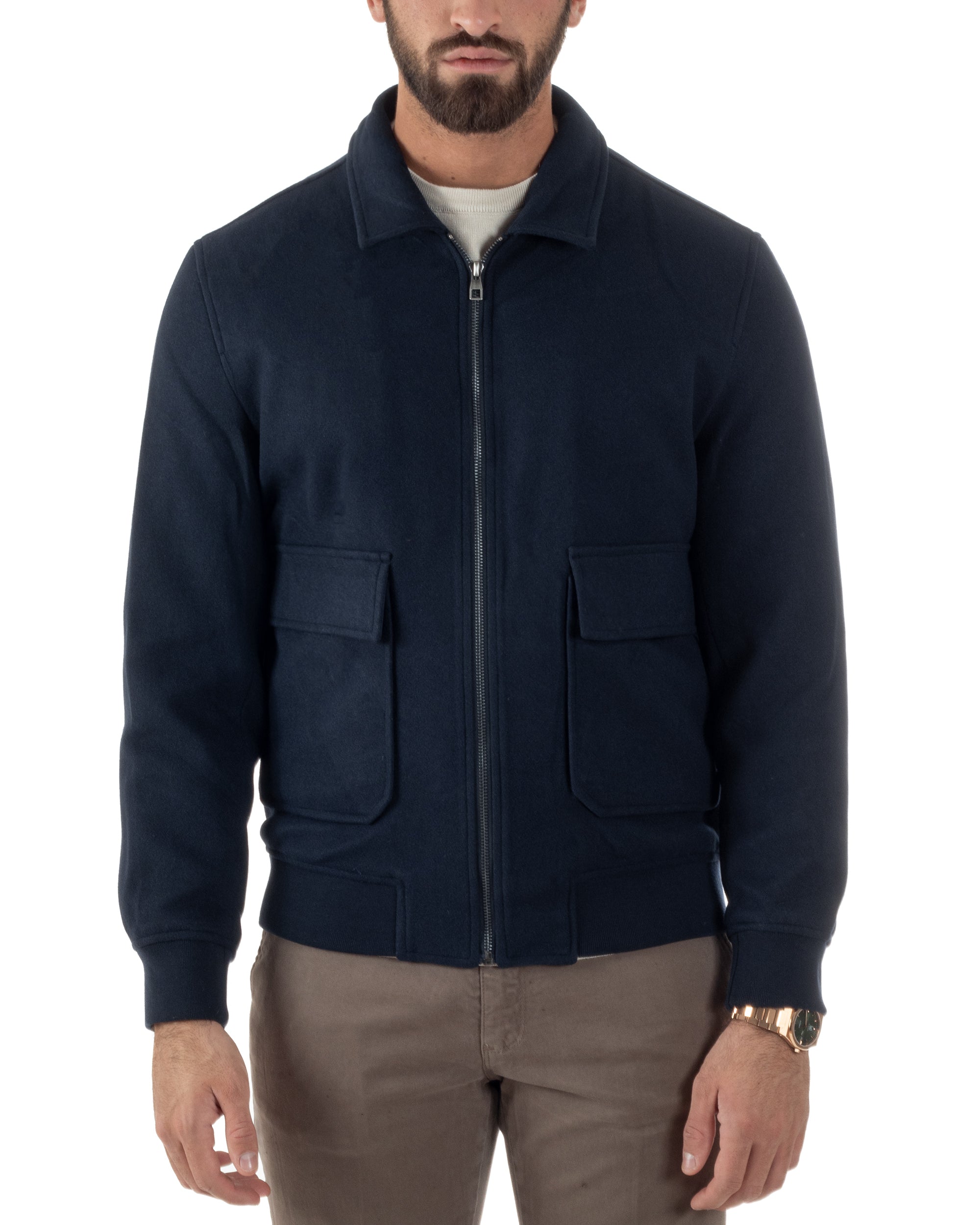 Giubbotto Uomo Zip Colletto Bomber Panno Blu G3381A