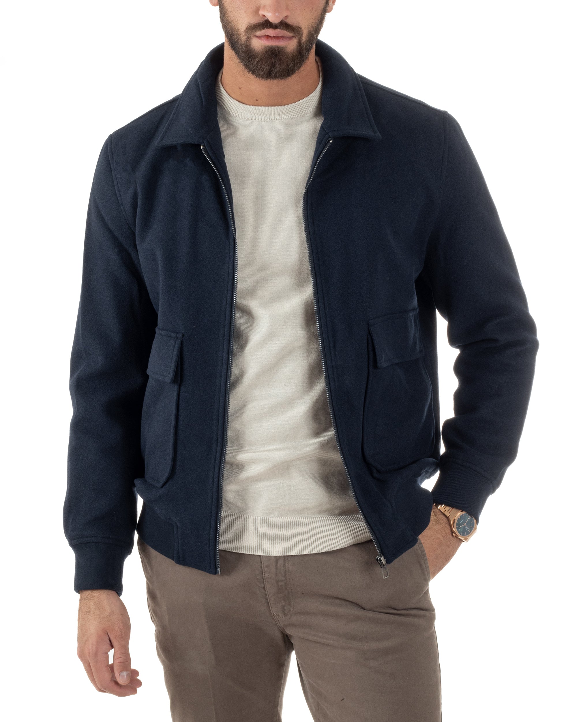 Giubbotto Uomo Zip Colletto Bomber Panno Blu G3381A