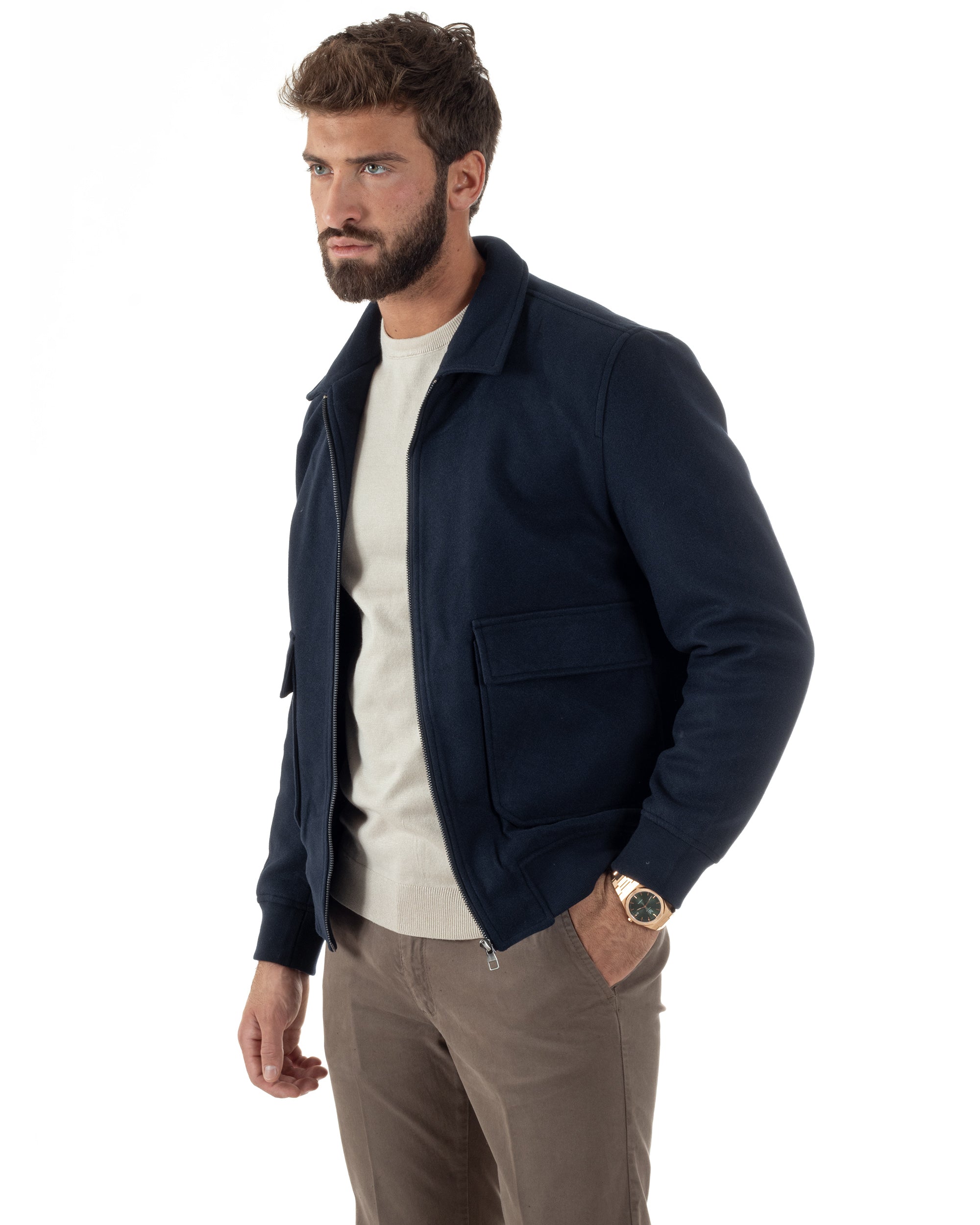 Giubbotto Uomo Zip Colletto Bomber Panno Blu G3381A