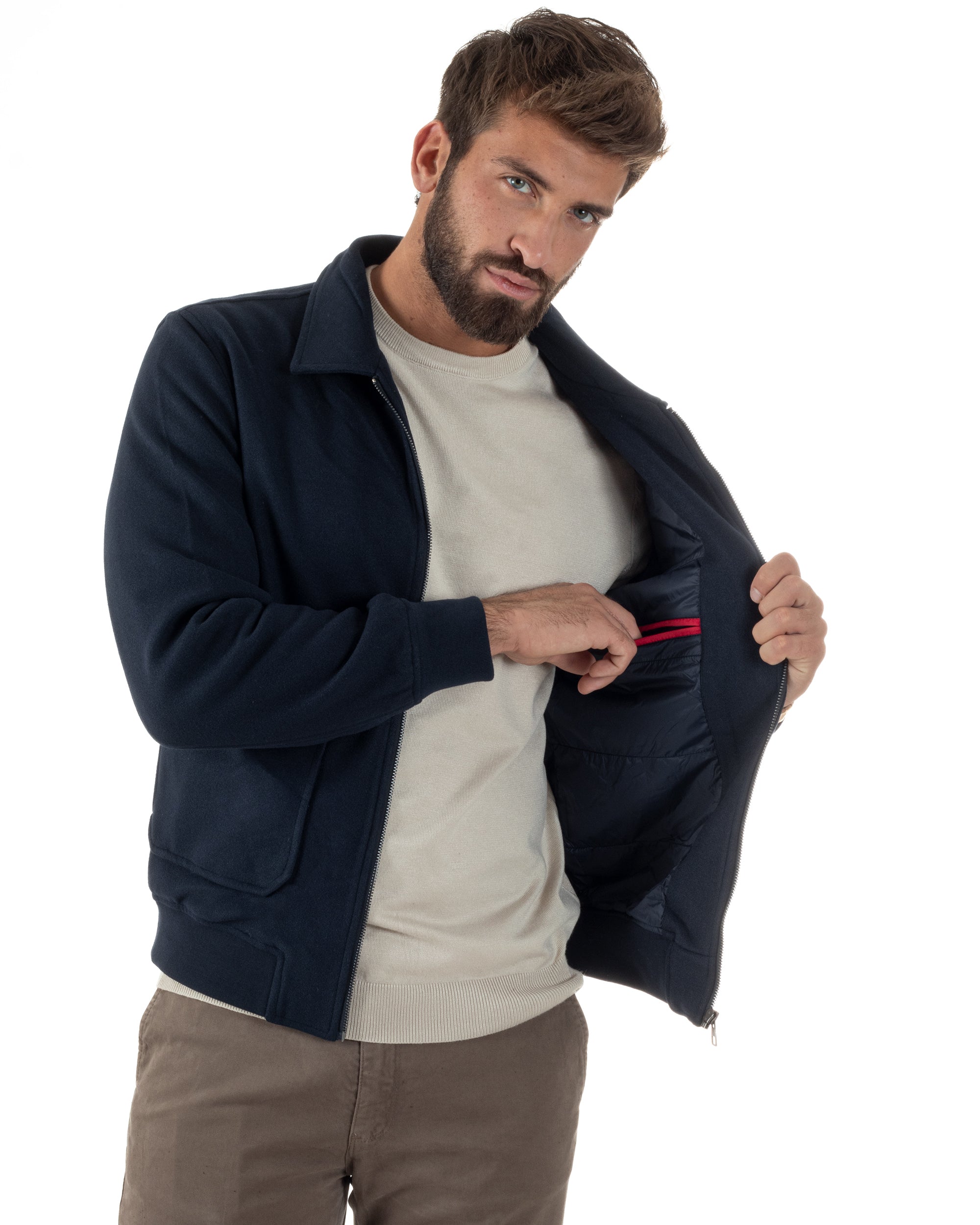 Giubbotto Uomo Zip Colletto Bomber Panno Blu G3381A