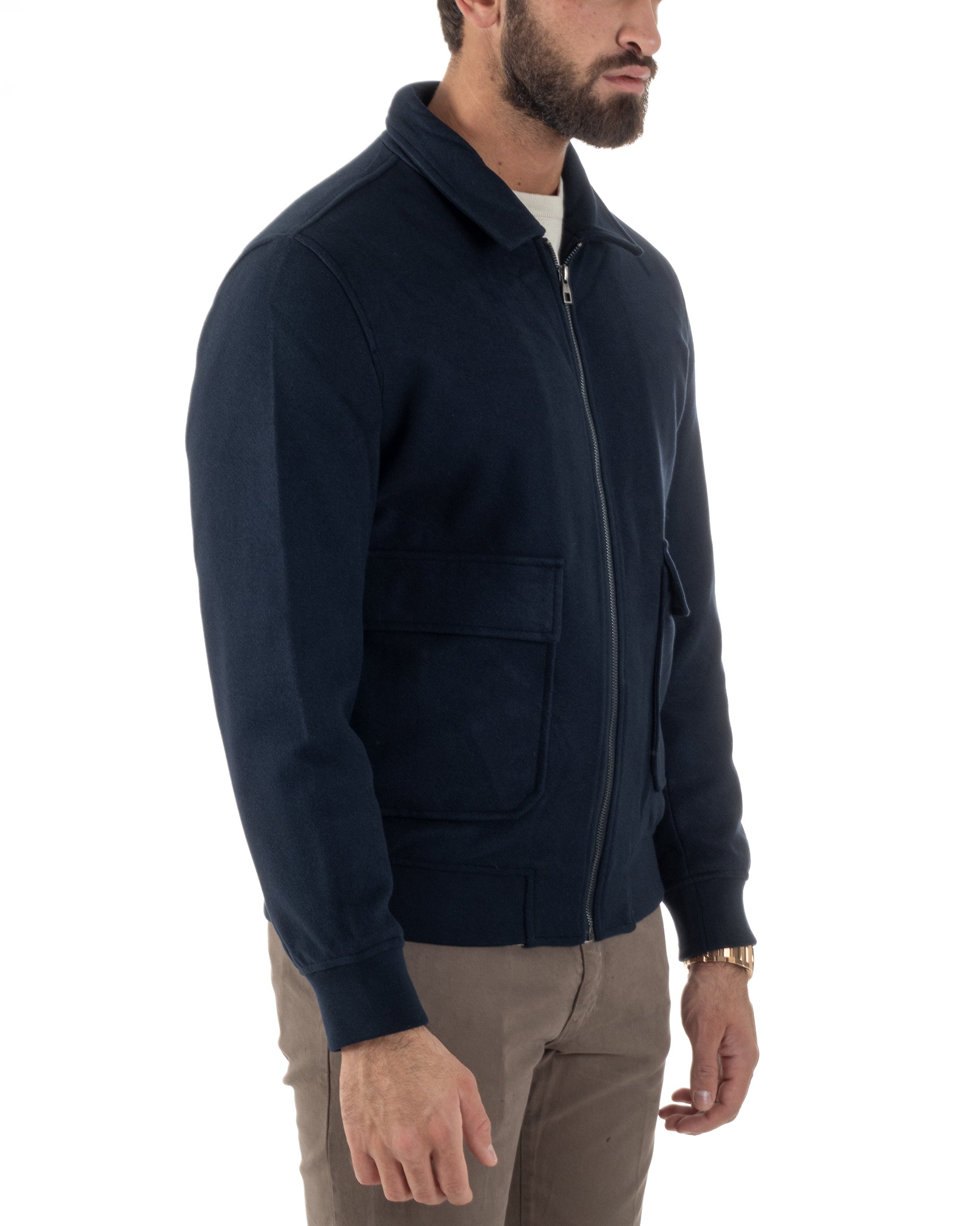 Giubbotto Uomo Zip Colletto Bomber Panno Blu G3381A