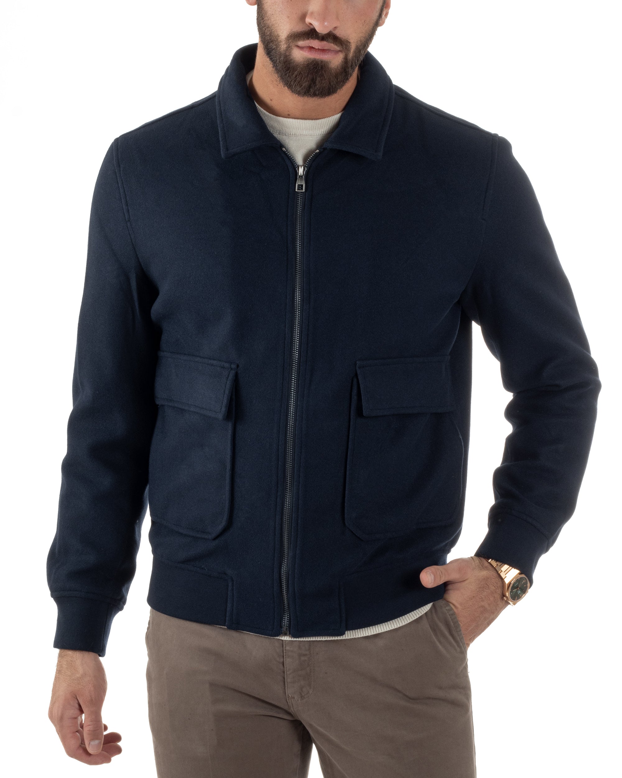 Giubbotto Uomo Zip Colletto Bomber Panno Blu G3381A