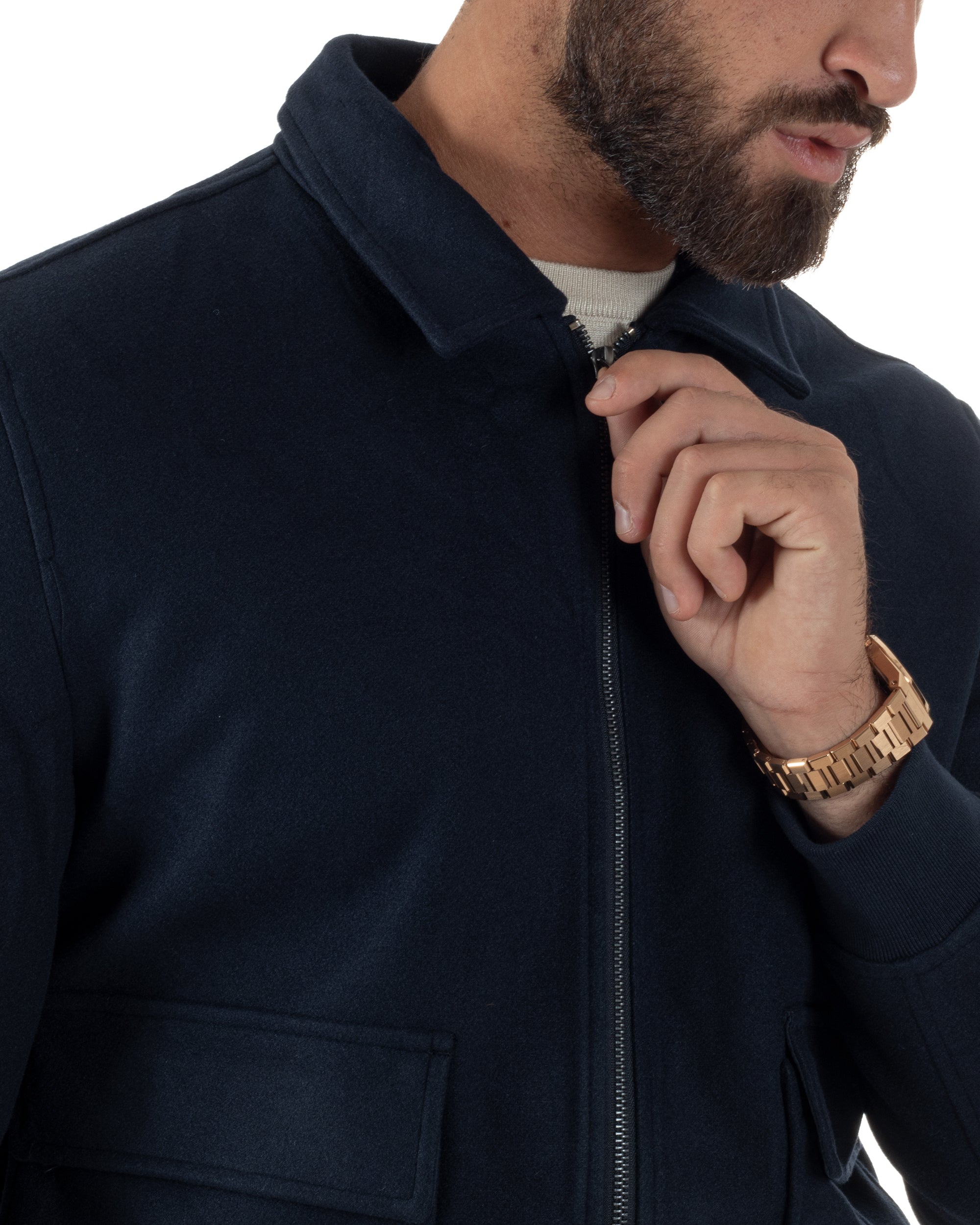 Giubbotto Uomo Zip Colletto Bomber Panno Blu G3381A