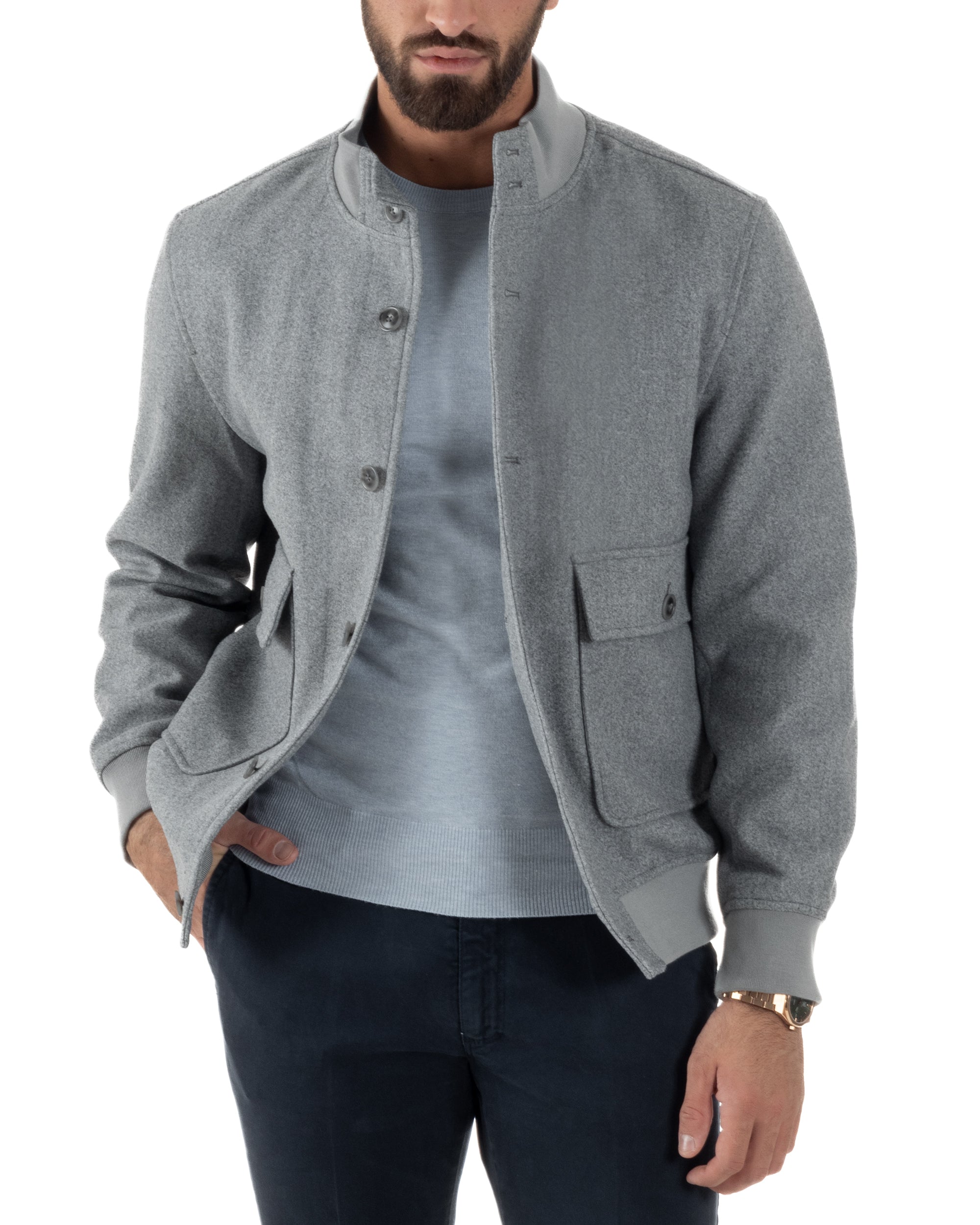 Giubbotto Uomo Bomber Giacca College Panno Bottoni Grigio G3382A