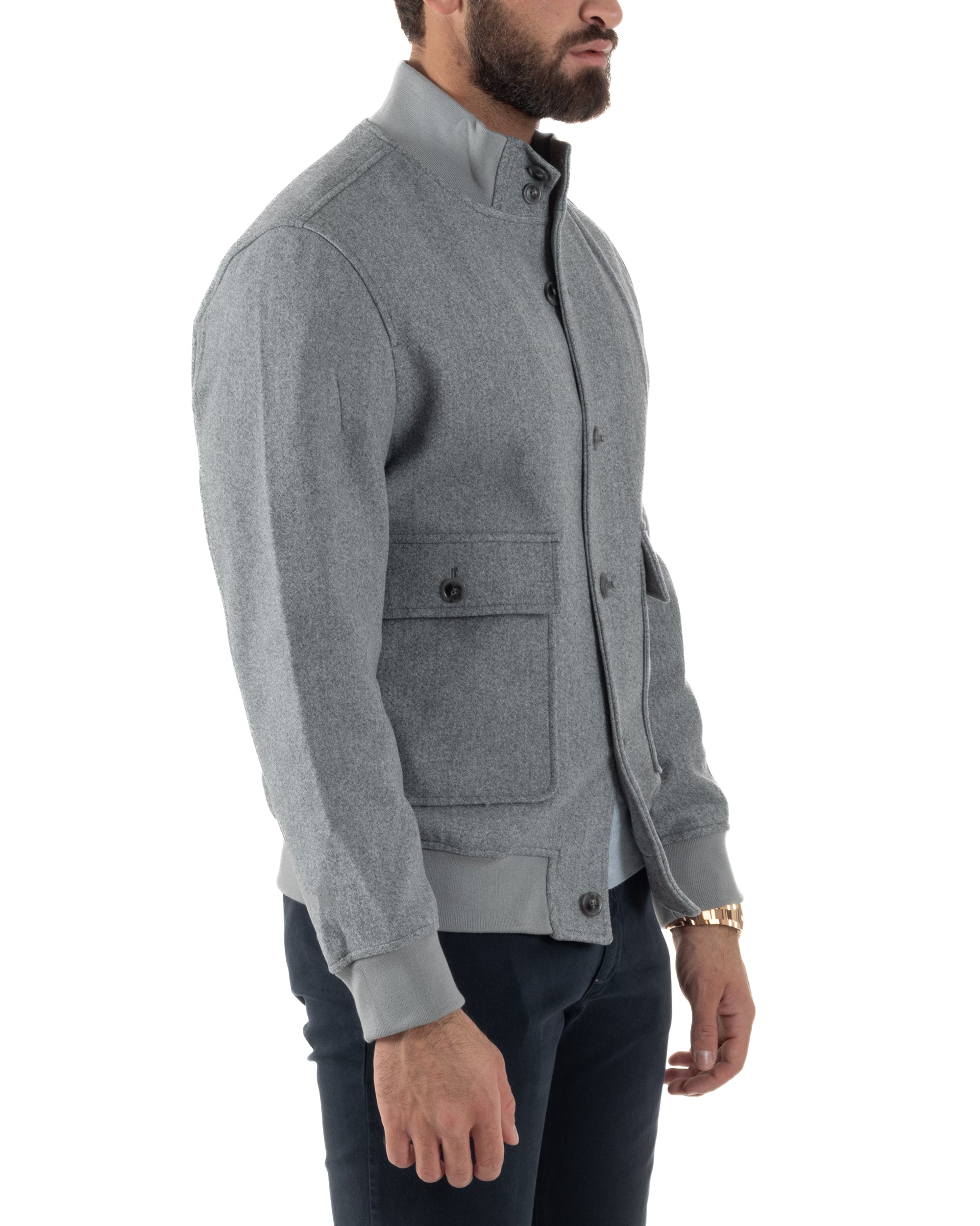Giubbotto Uomo Bomber Giacca College Panno Bottoni Grigio G3382A