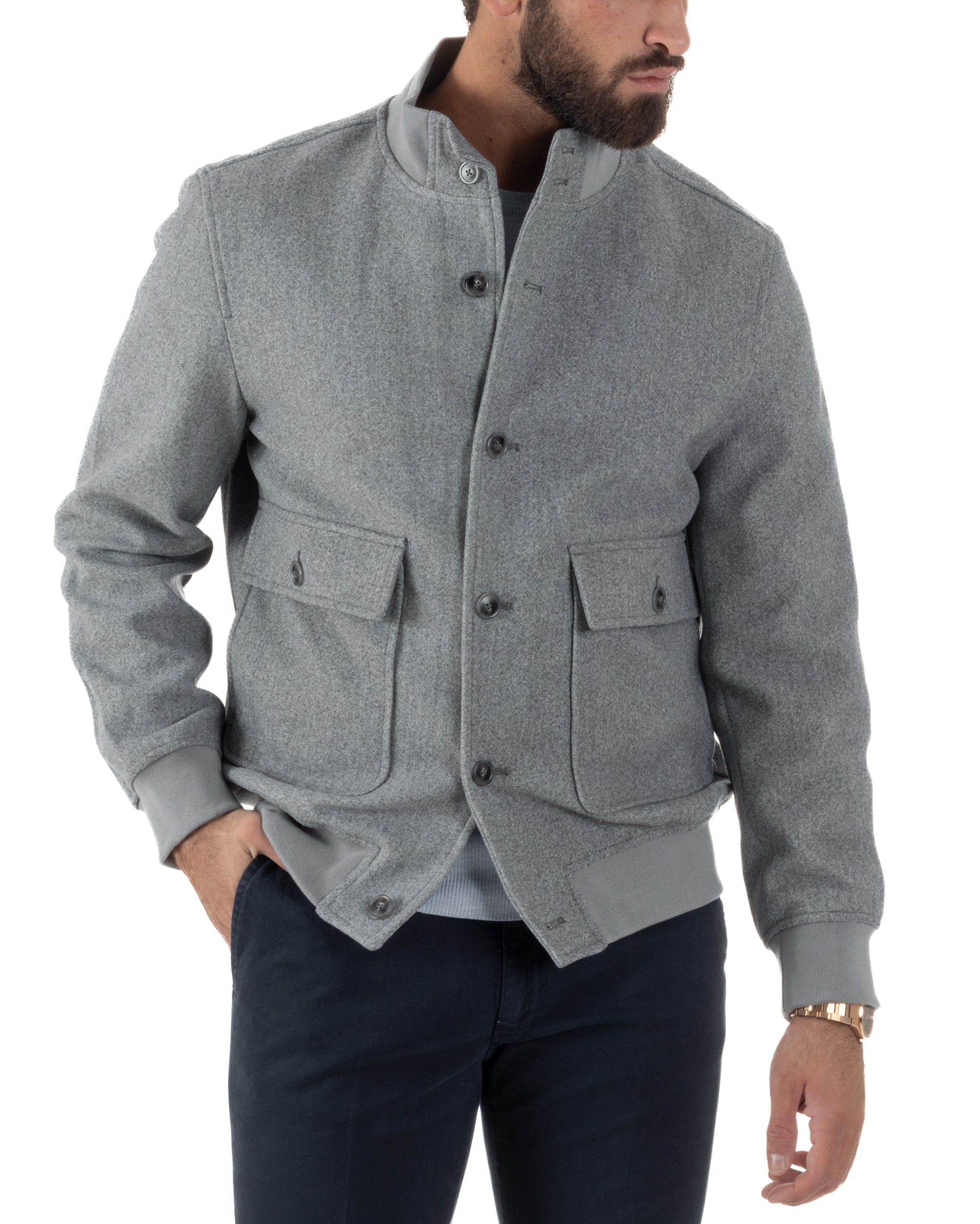 Giubbotto Uomo Bomber Giacca College Panno Bottoni Grigio G3382A