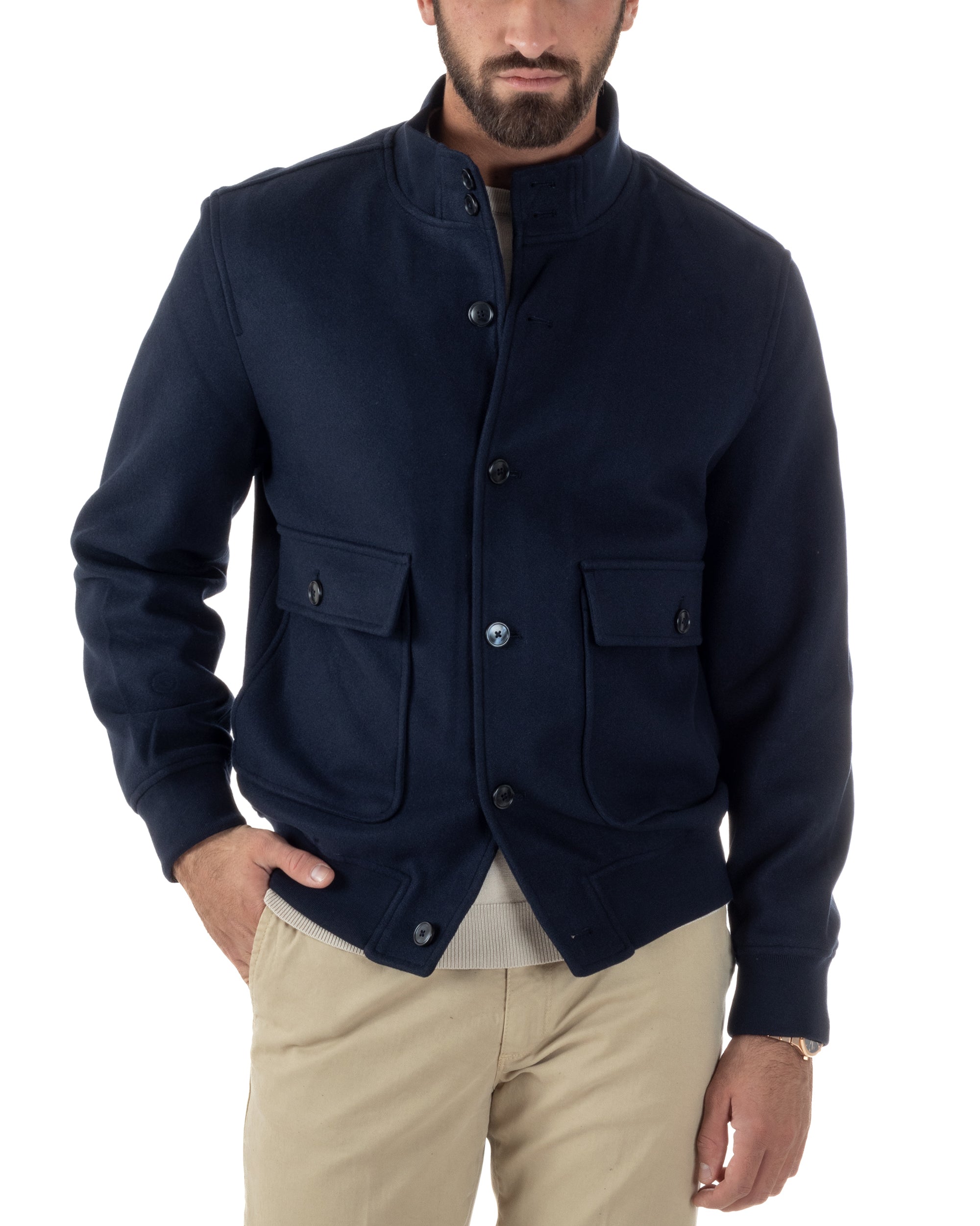 Giubbotto Uomo Bomber Giacca College Panno Bottoni Blu G3383A