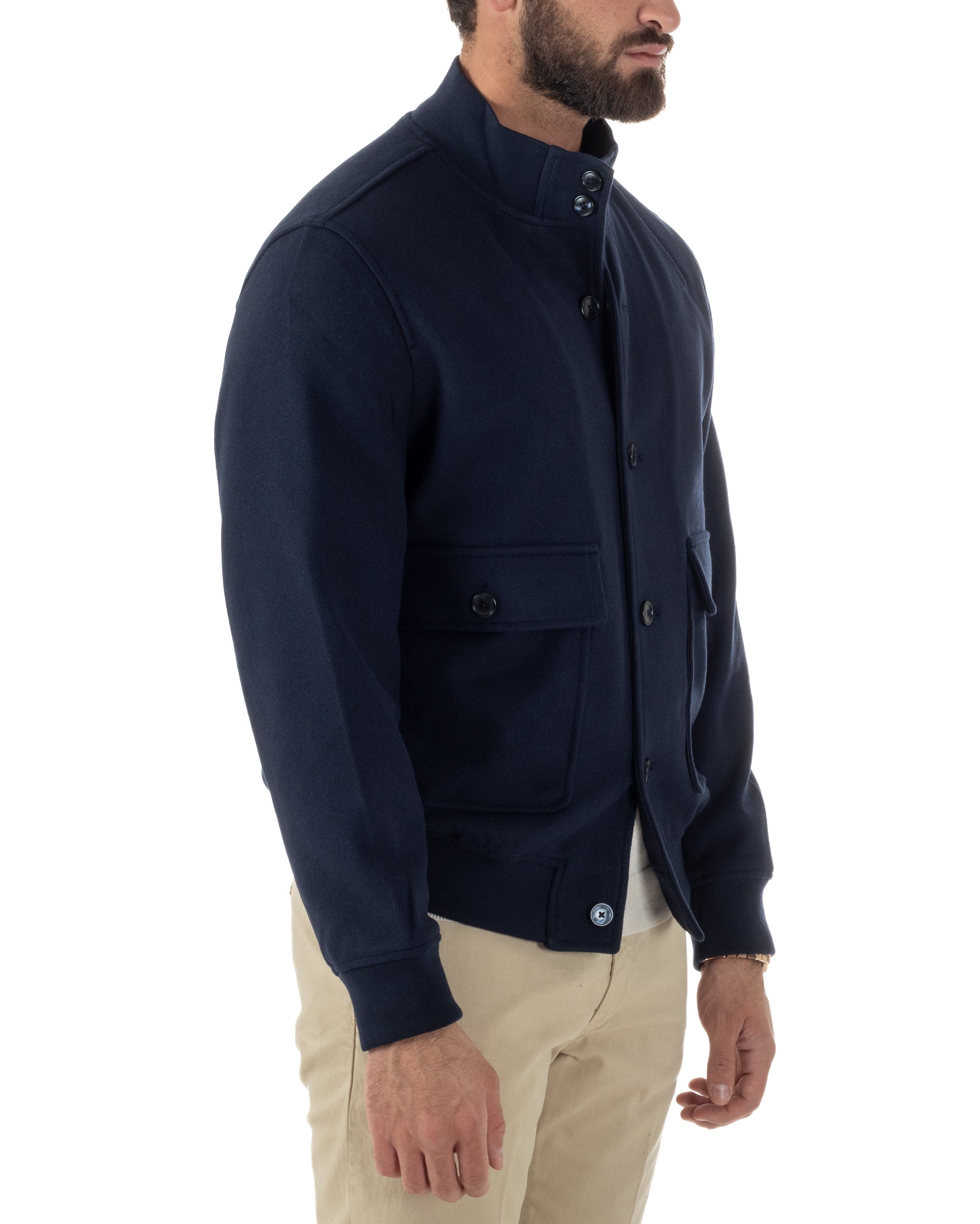 Giubbotto Uomo Bomber Giacca College Panno Bottoni Blu G3383A