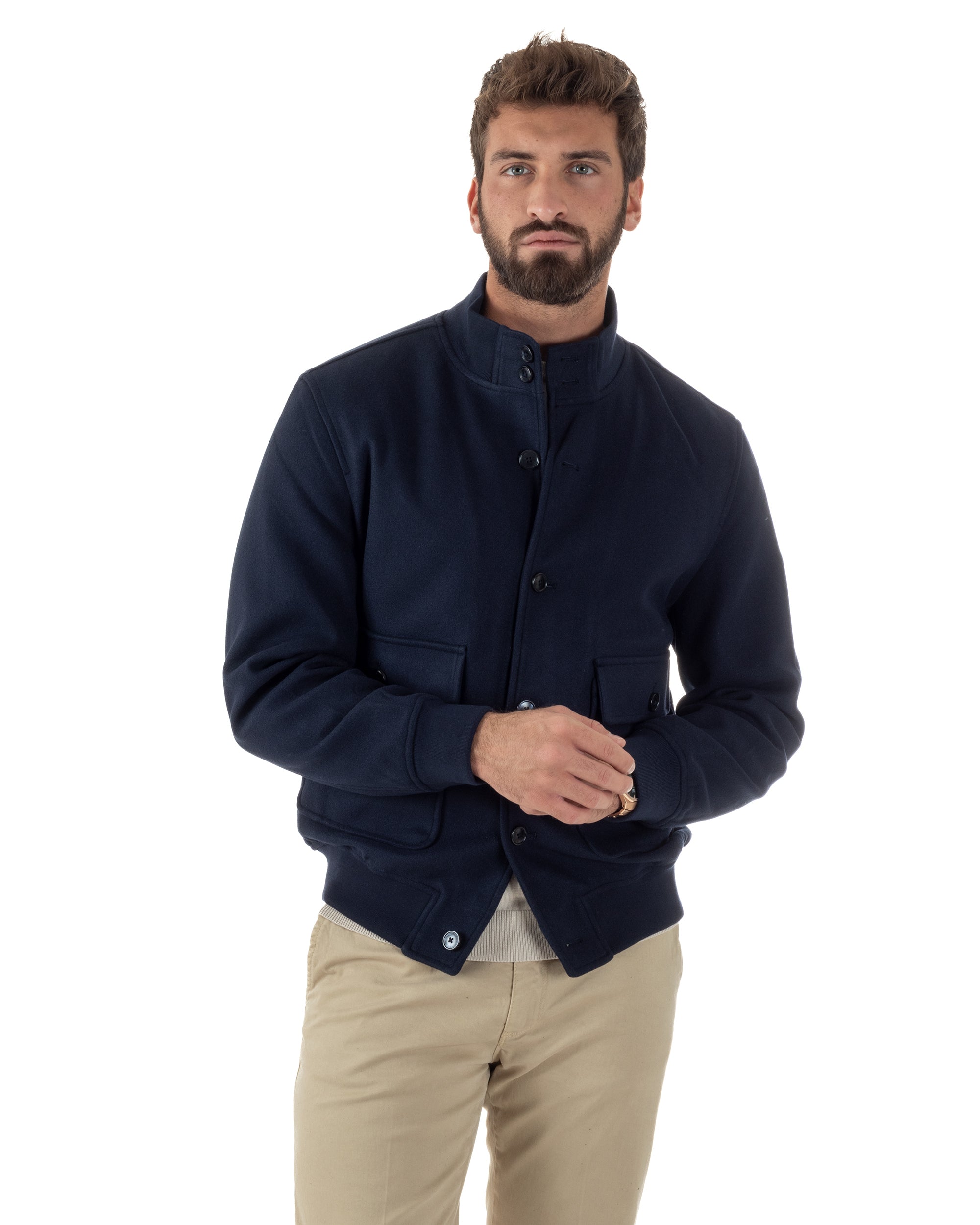 Giubbotto Uomo Bomber Giacca College Panno Bottoni Blu G3383A