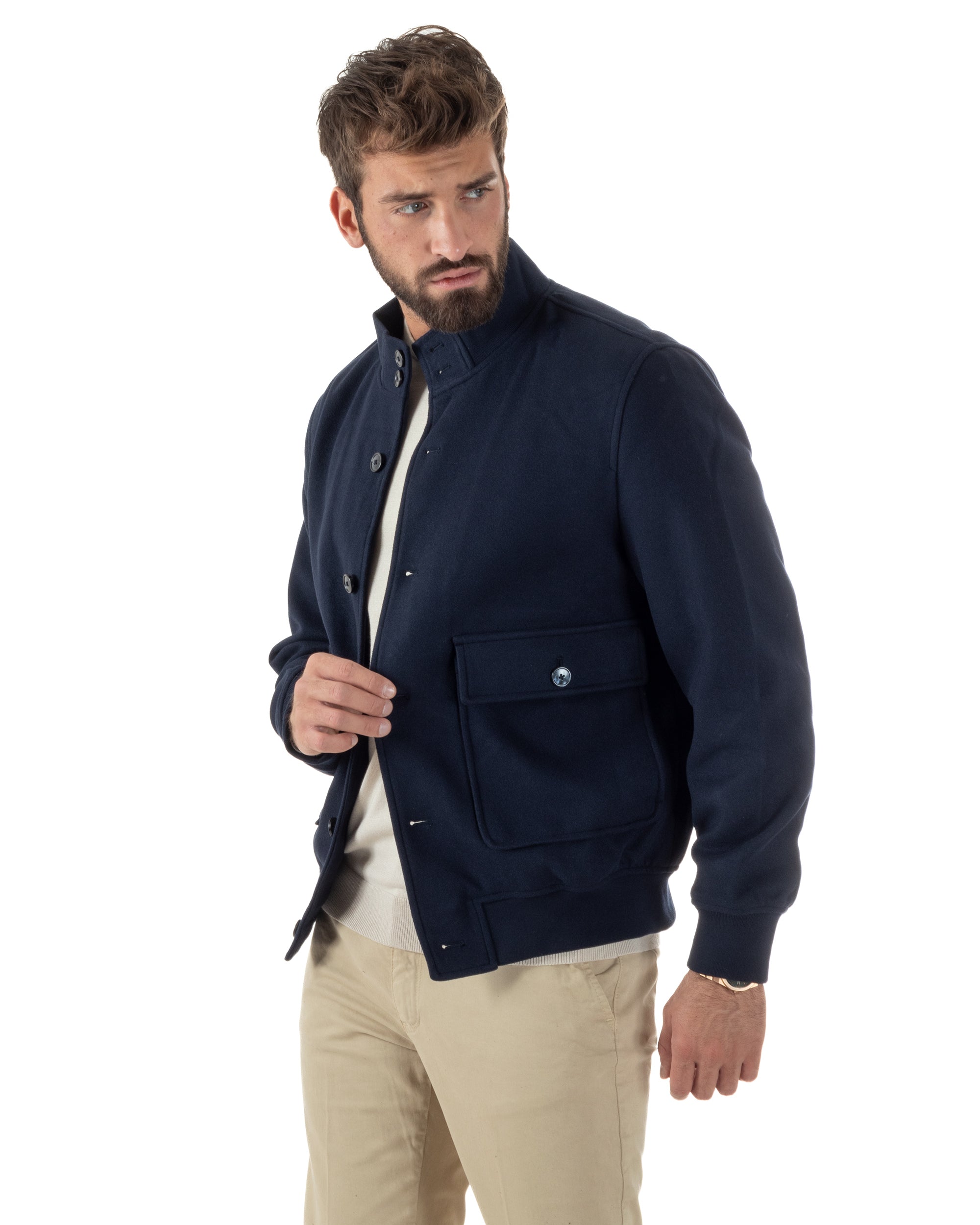 Giubbotto Uomo Bomber Giacca College Panno Bottoni Blu G3383A
