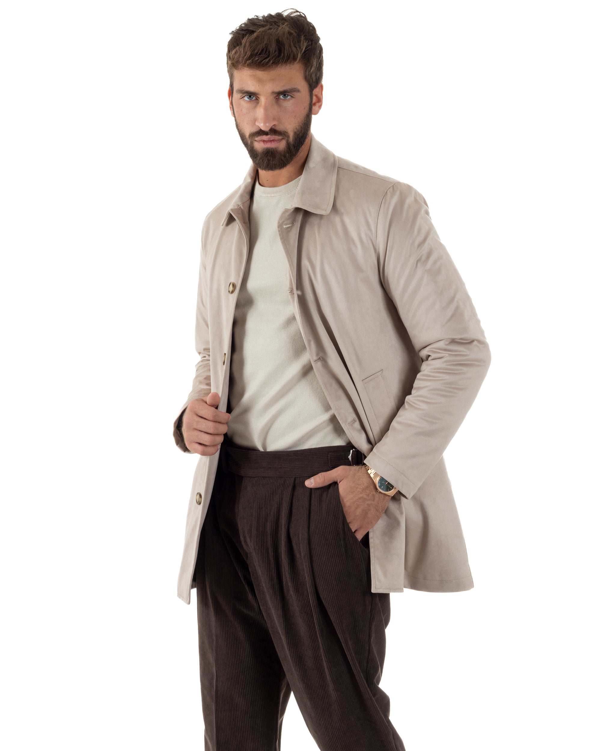 Giubbotto Uomo Trench Lungo Camoscio Imbottito Beige BlackSunday G3384A