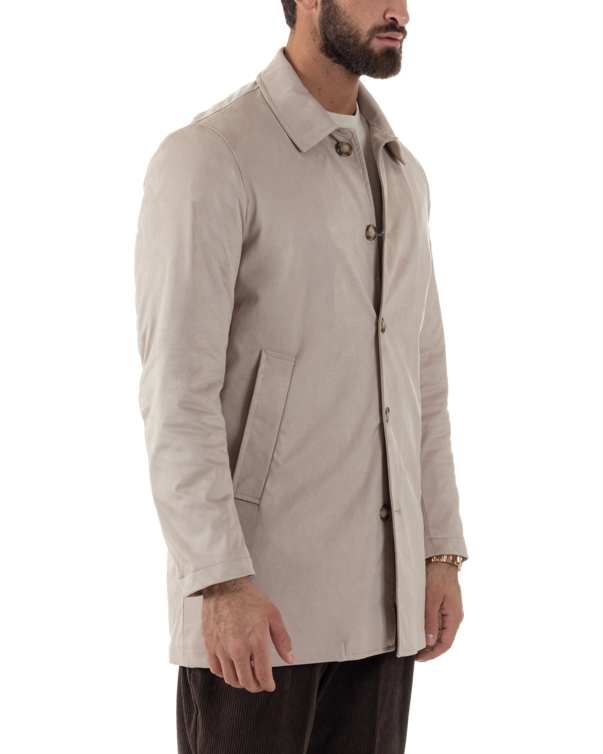 Giubbotto Uomo Trench Lungo Camoscio Imbottito Beige BlackSunday G3384A