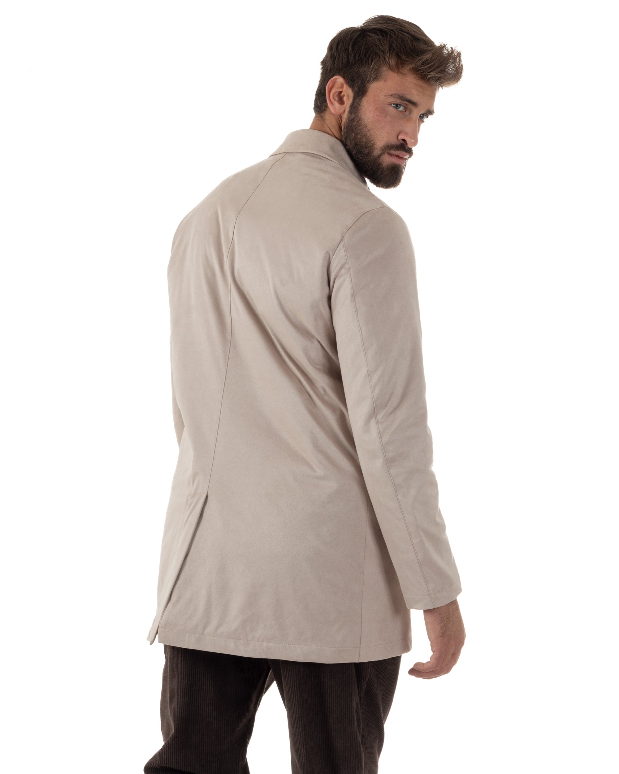 Giubbotto Uomo Trench Lungo Camoscio Imbottito Beige BlackSunday G3384A