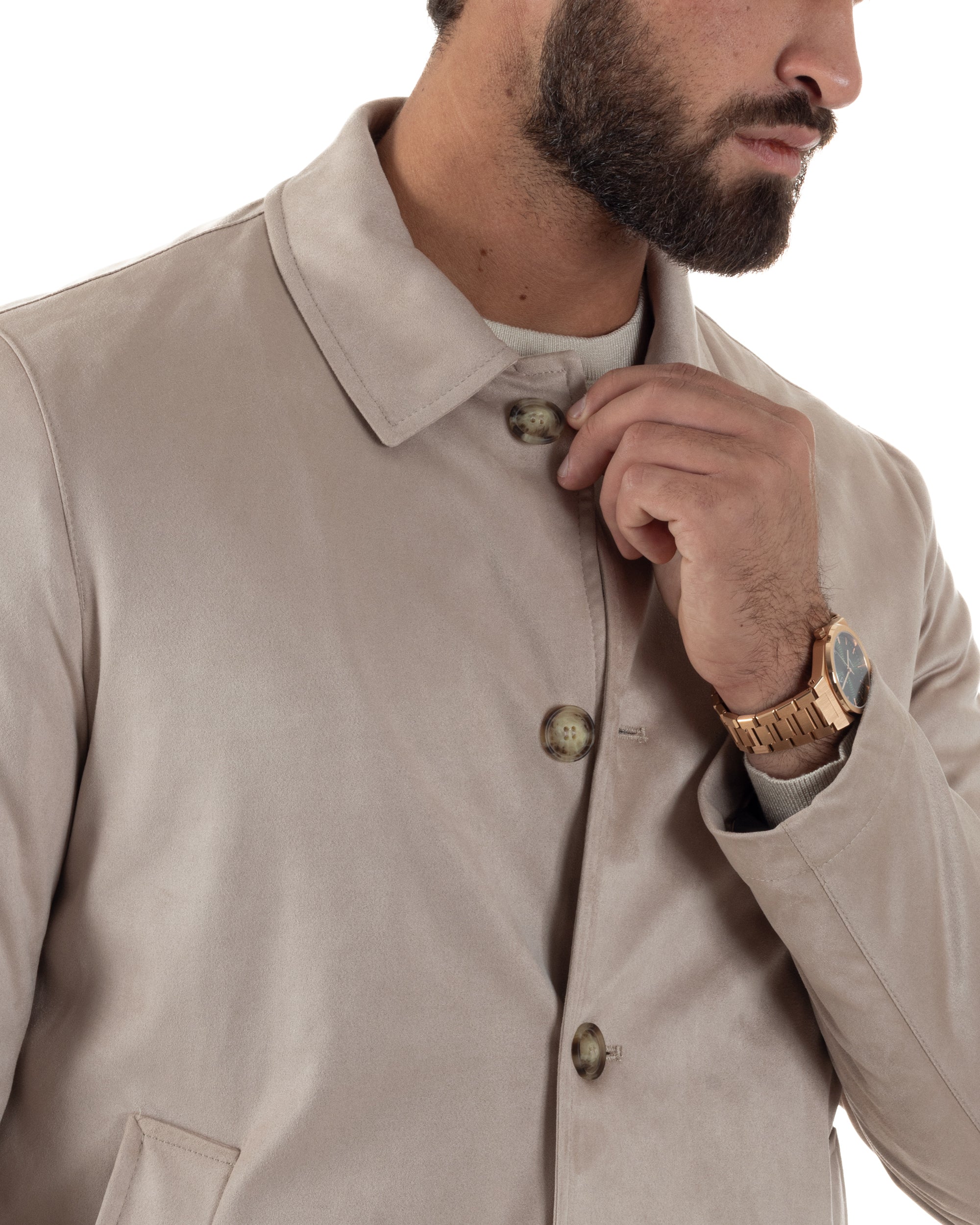 Giubbotto Uomo Trench Lungo Camoscio Imbottito Beige BlackSunday G3384A