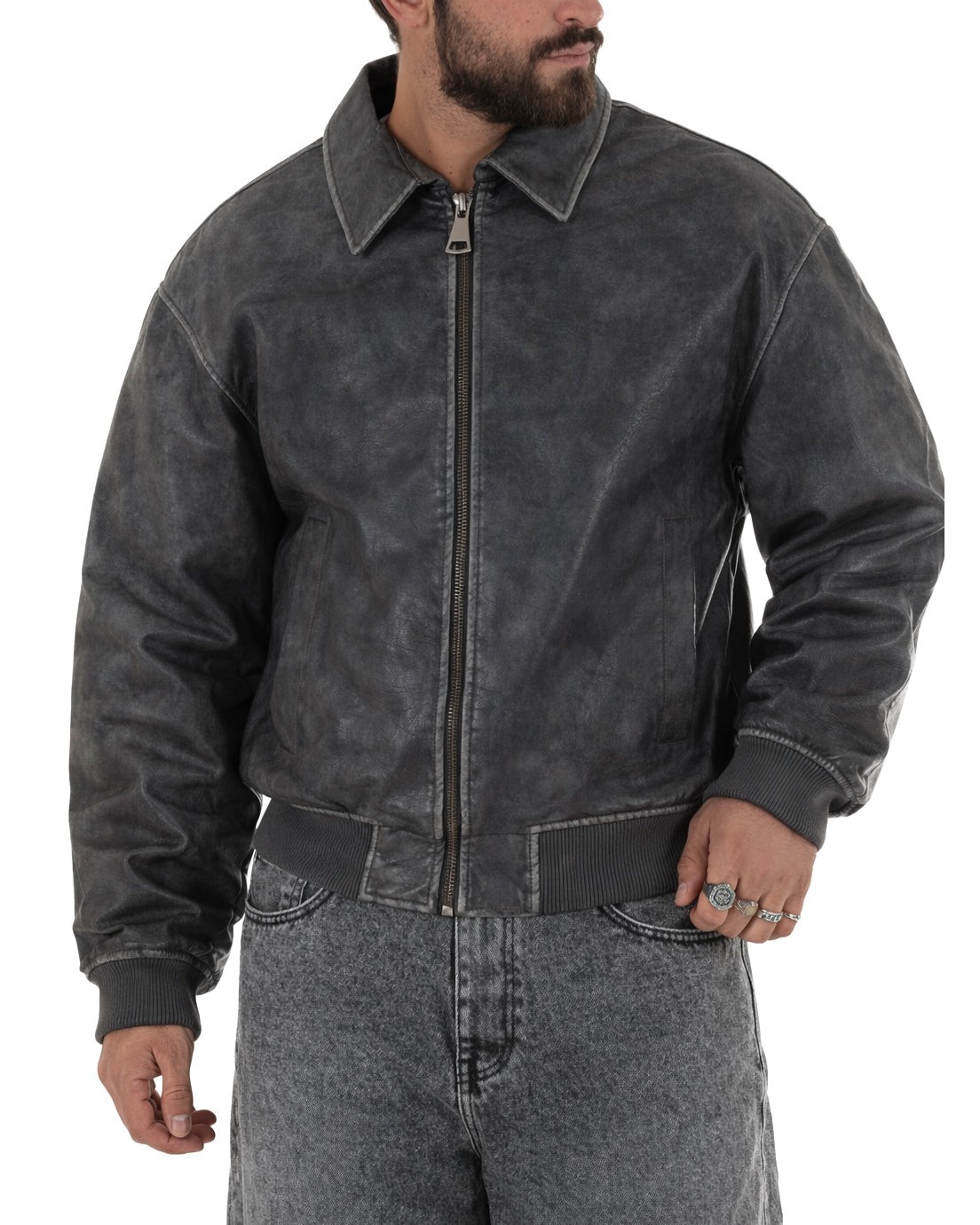 Giubbotto bomber uomo grigio ecopelle boxy crop con zip e colletto