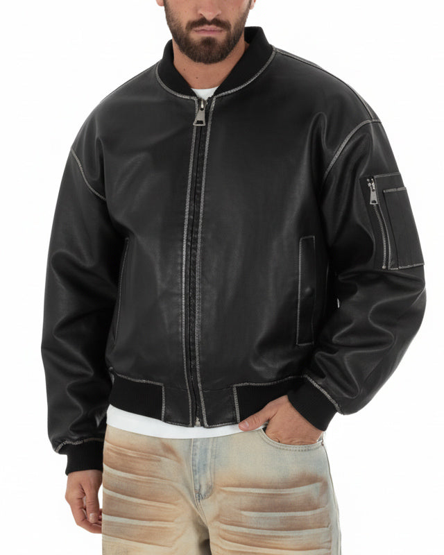 Giubbotto bomber uomo nero ecopelle boxy crop con zip e colletto college