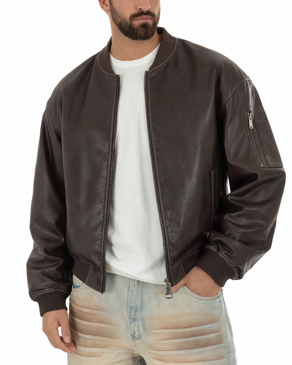 Giubbotto bomber uomo marrone ecopelle boxy crop con zip e colletto college