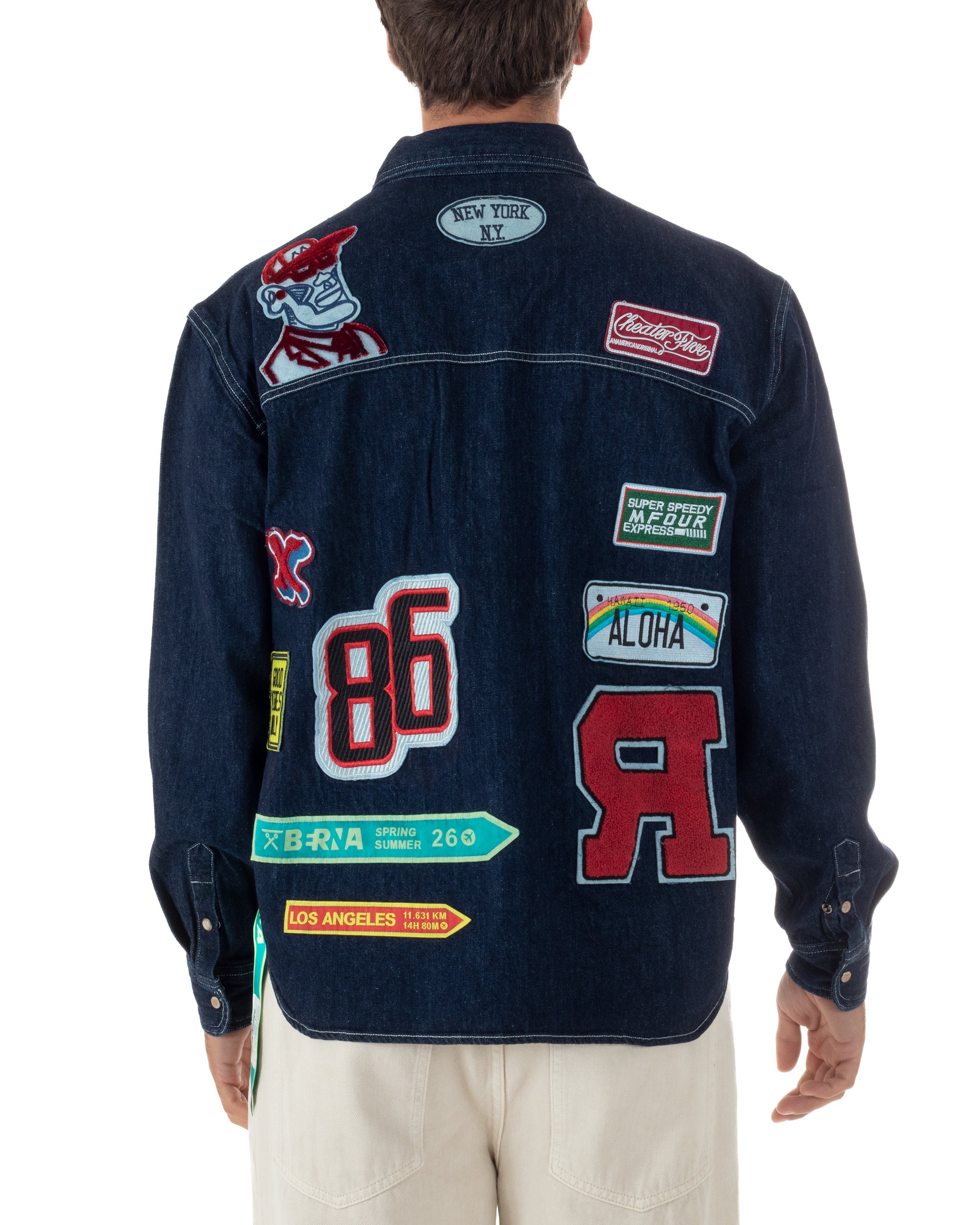 Vista completa posteriore camicione uomo denim scuro patch boyscout western cotone