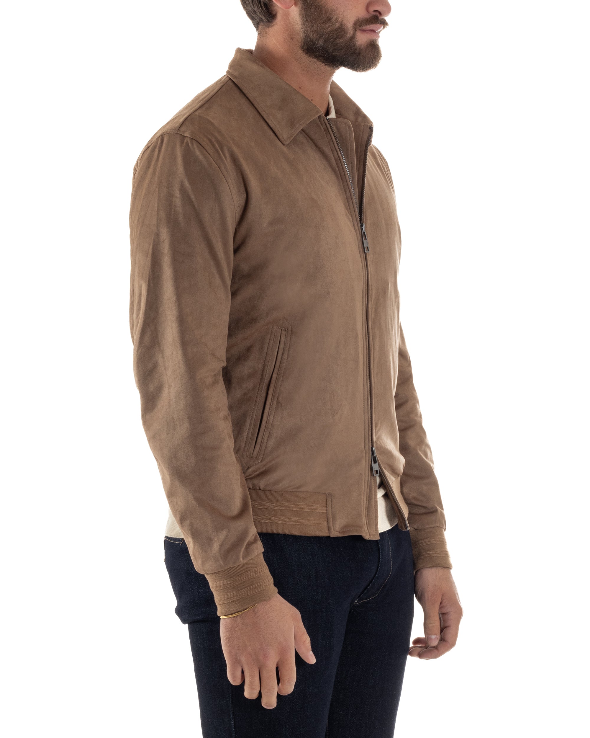 Vista completa giubbotto uomo beige eco camoscio smart casual mezza stagione